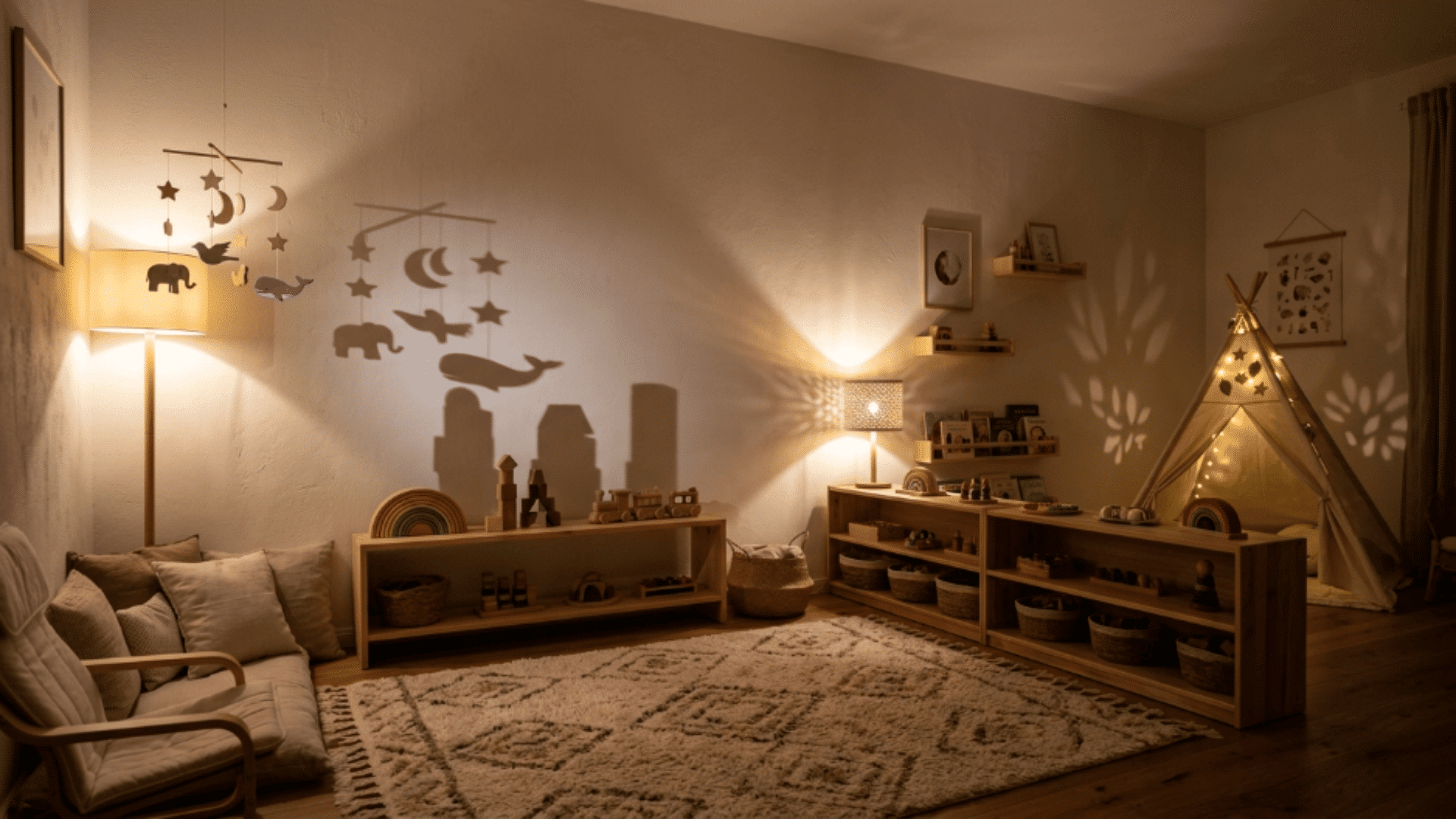 toddler playroom light and shadow play area with shapes on wall cozy setup