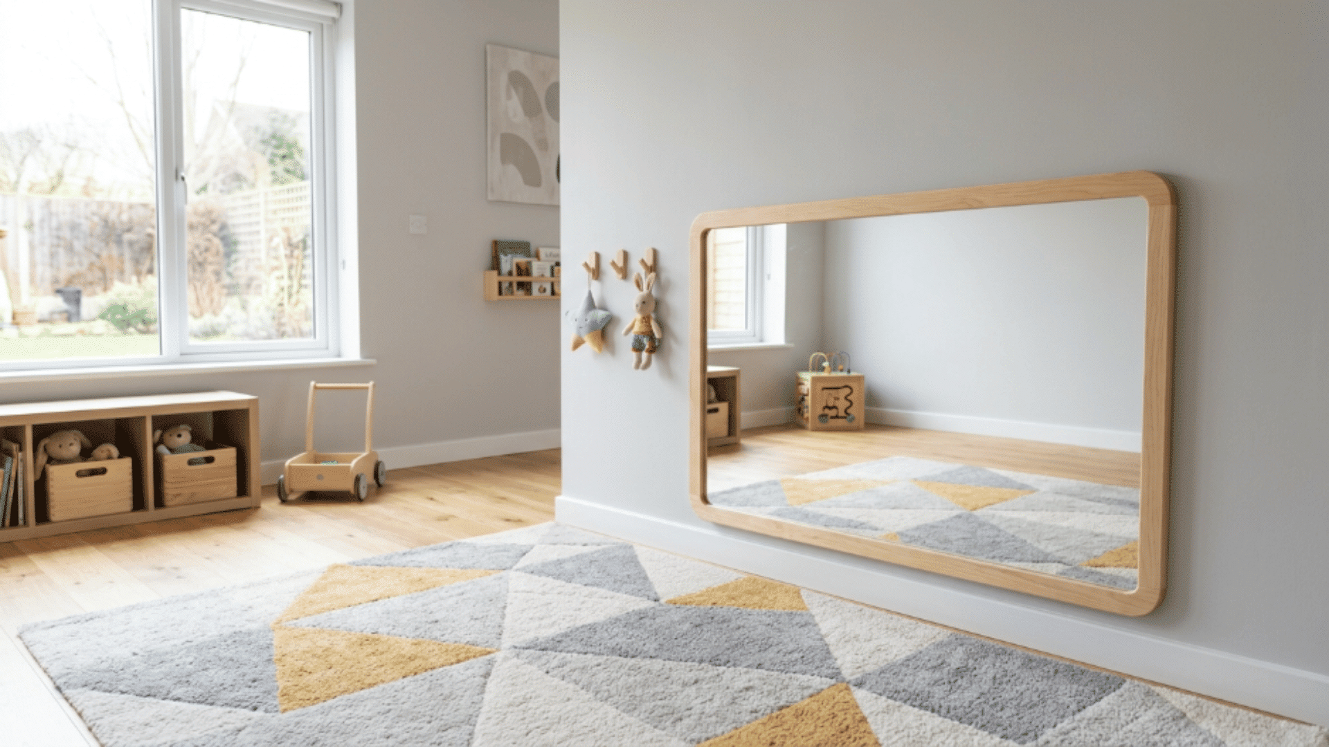 toddler playroom mirror play wall with low mirror open space and soft rug