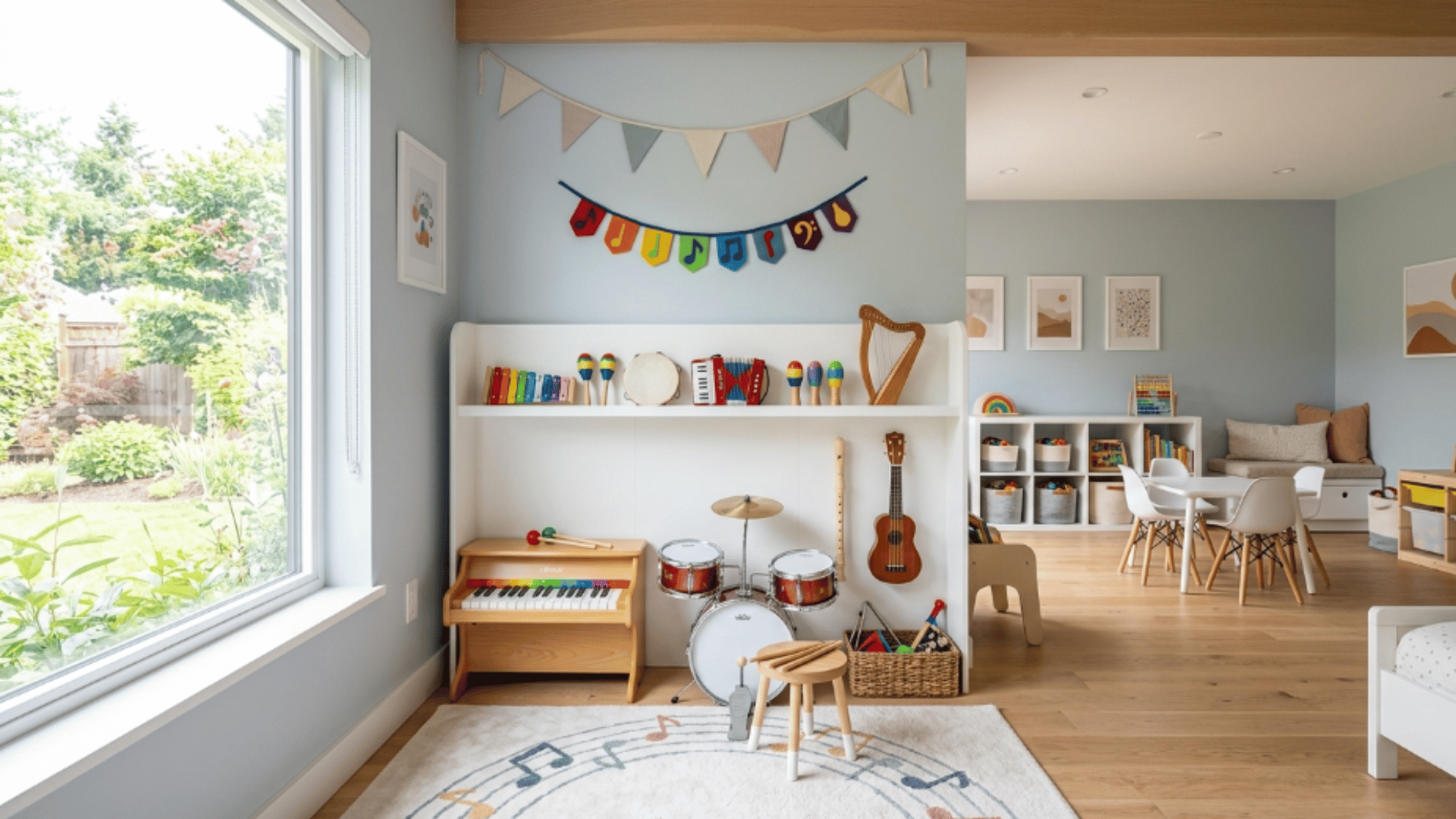 toddler playroom music play corner with instruments and organized setup