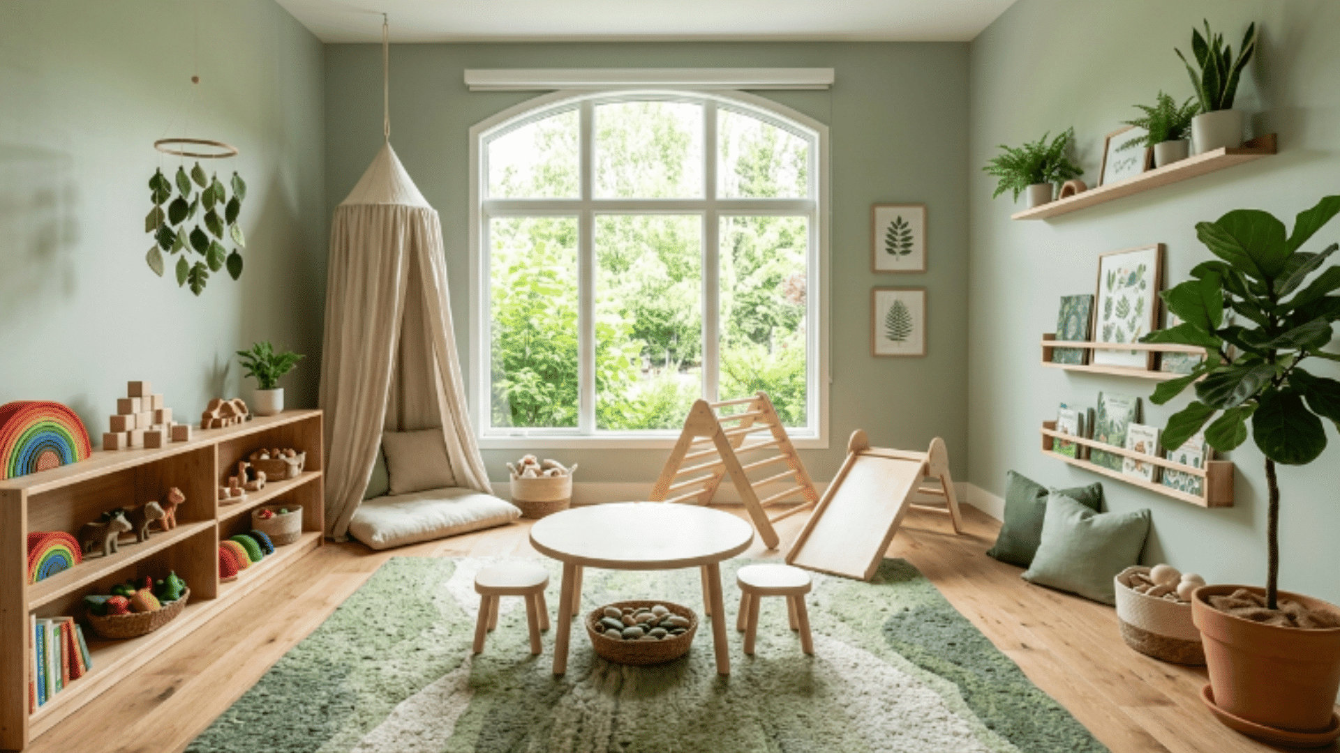 toddler playroom nature room with wooden toys green tones plants and calm natural setup