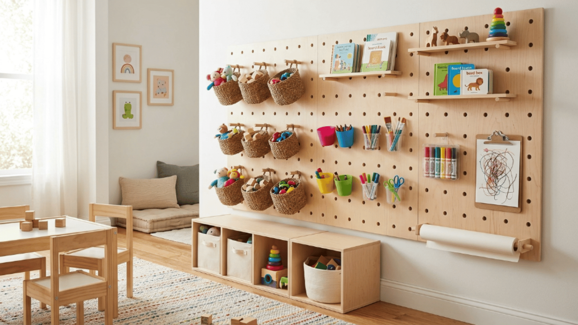 toddler playroom pegboard storage wall with baskets toys and organized layout