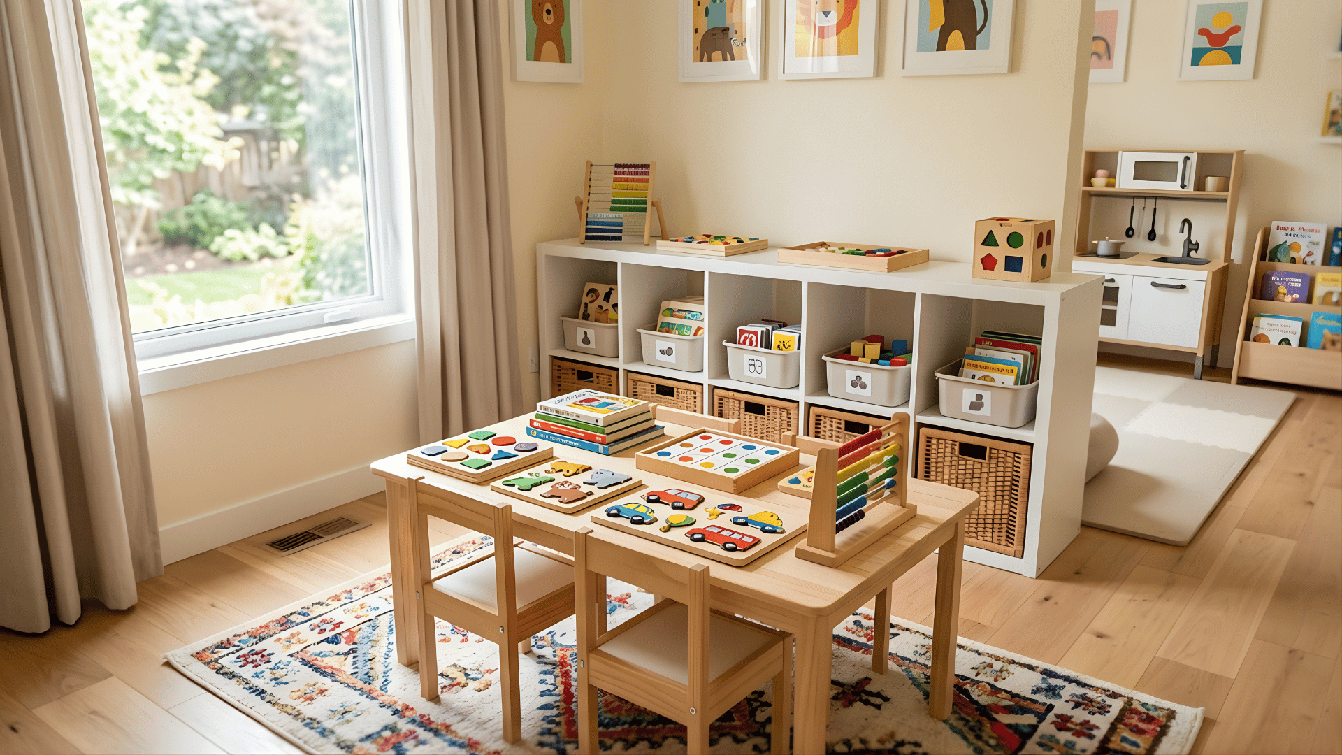 toddler playroom puzzle and games station with table and organized puzzles