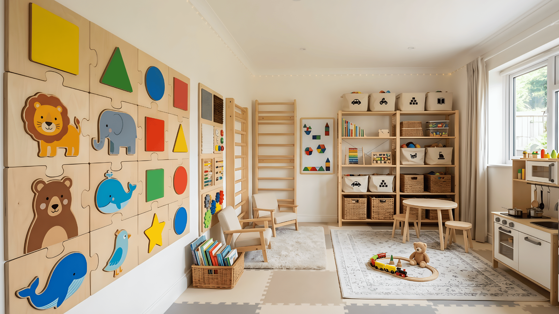 toddler playroom puzzle wall with large pieces attached to board interactive play setup