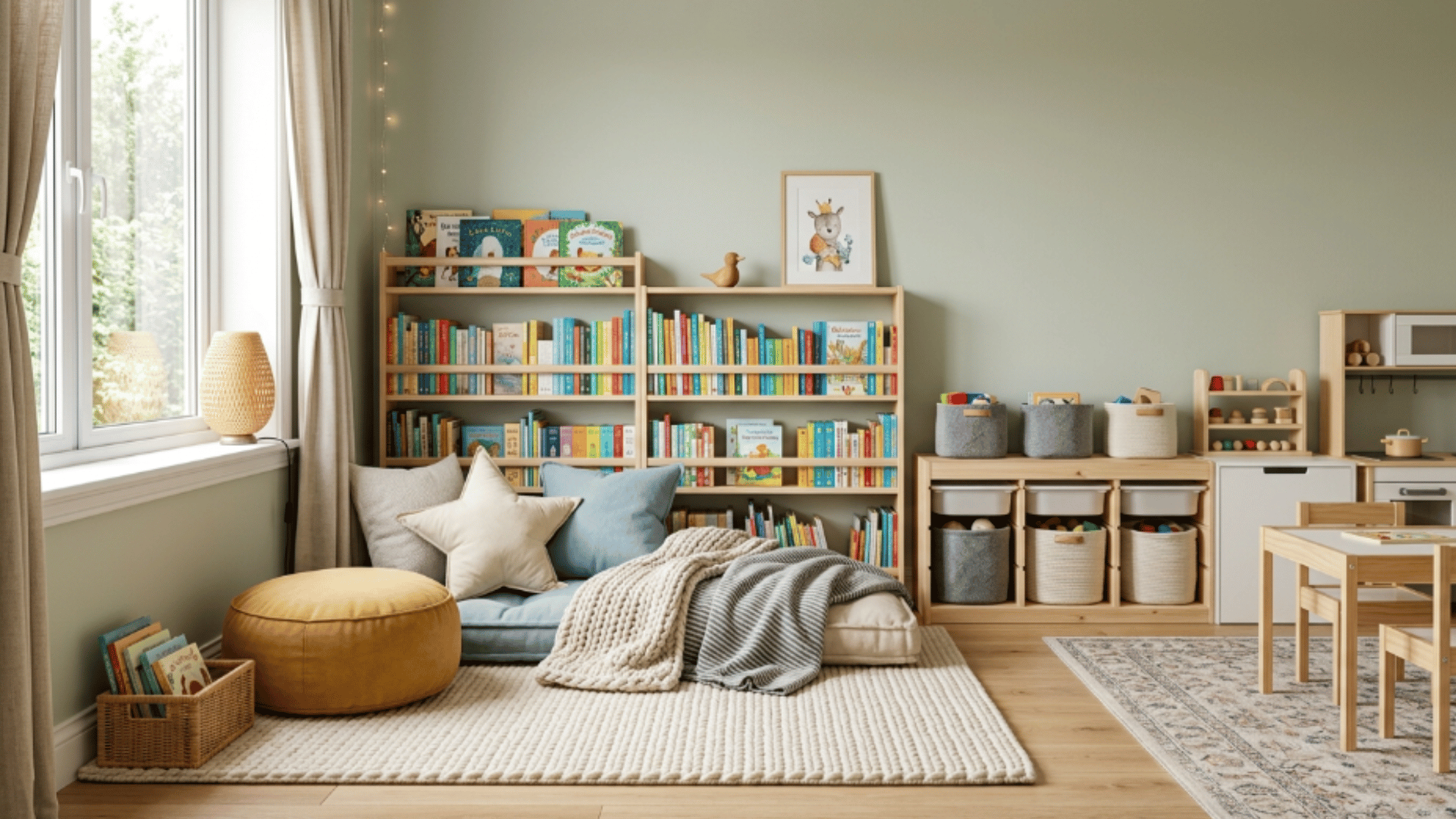 toddler playroom reading corner with low bookshelves cushions rug natural light