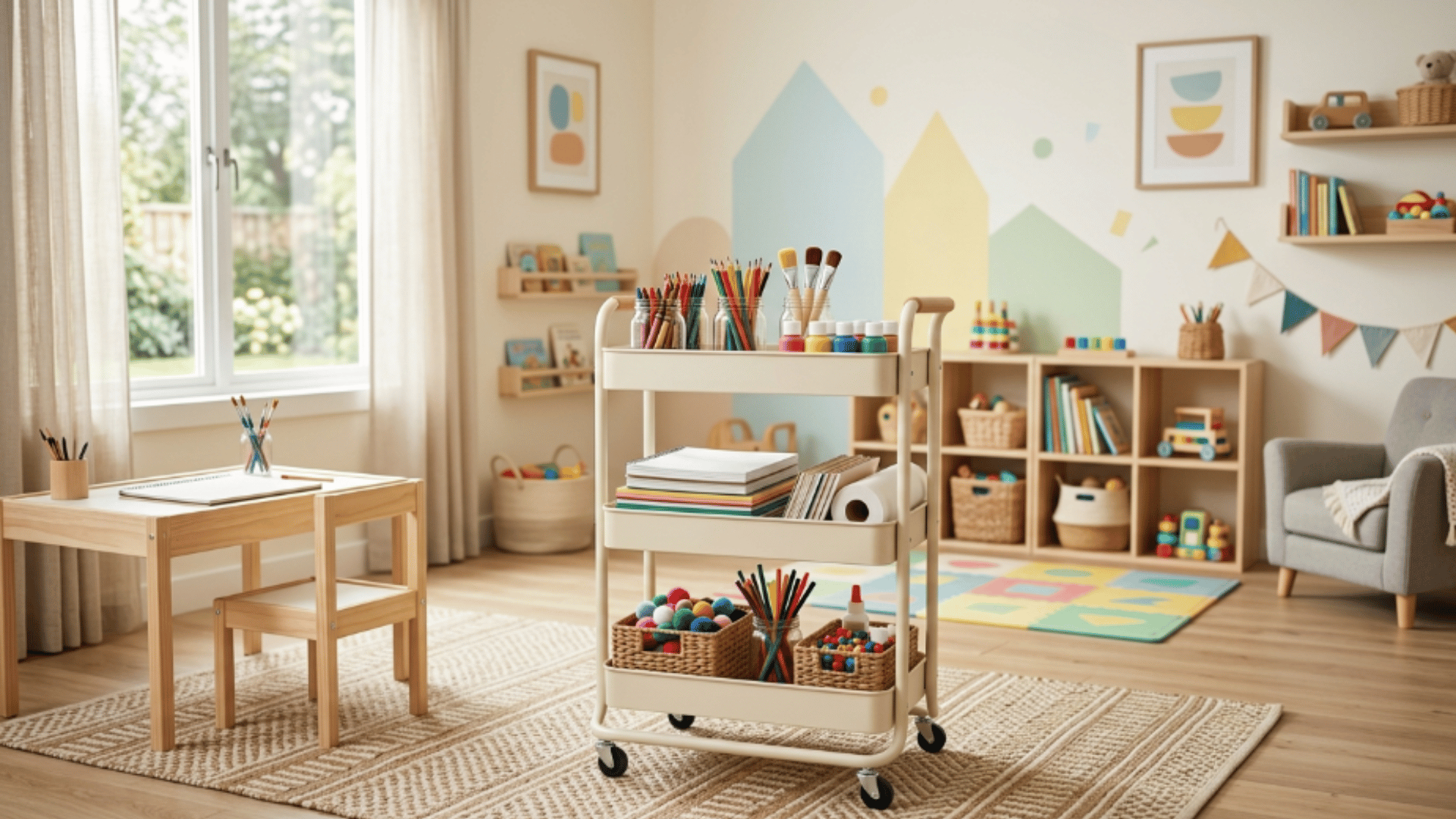 toddler playroom rolling art cart art supplies organized movable cart