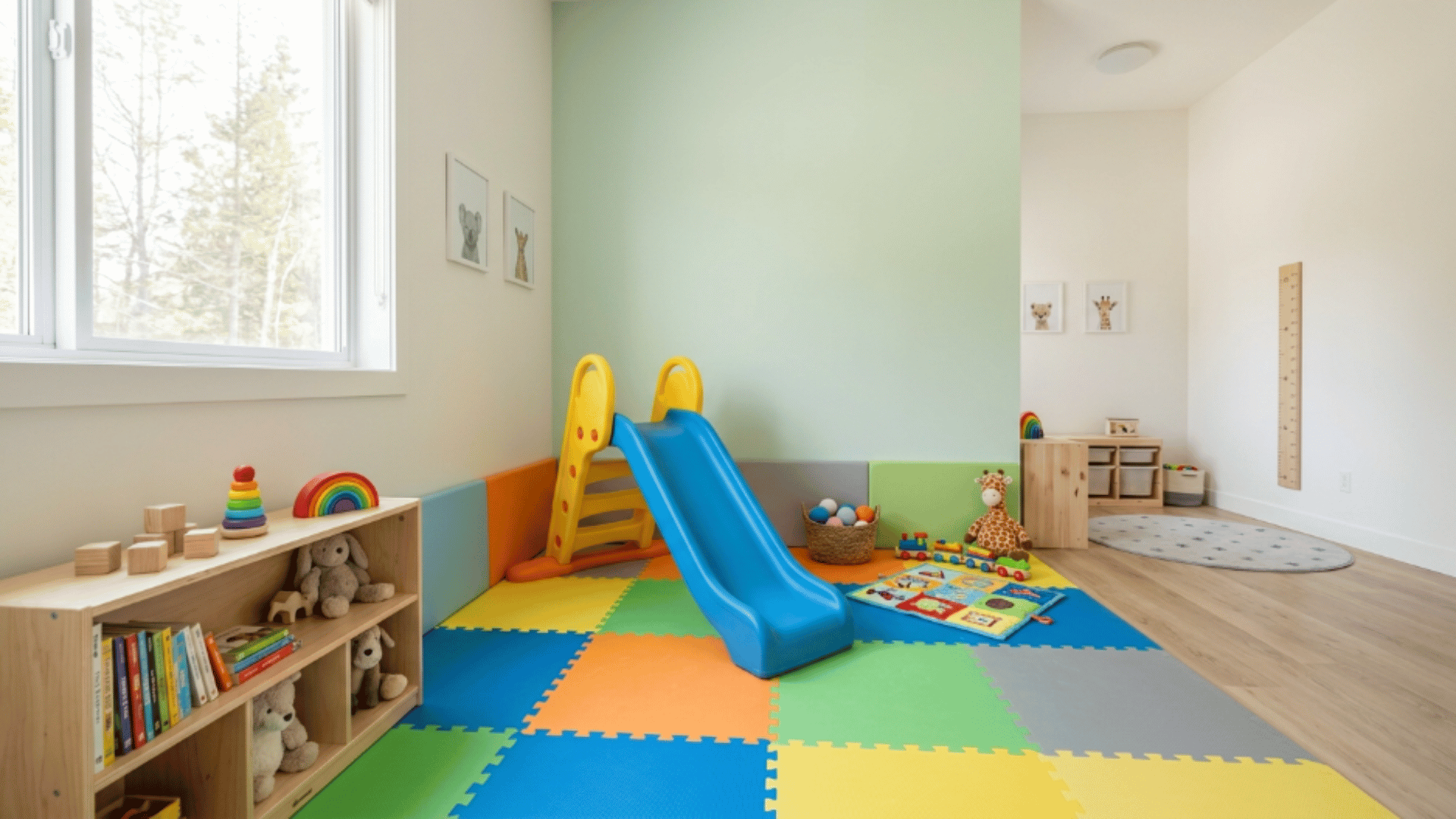 toddler playroom slide play corner with indoor slide and soft mats setup (1)