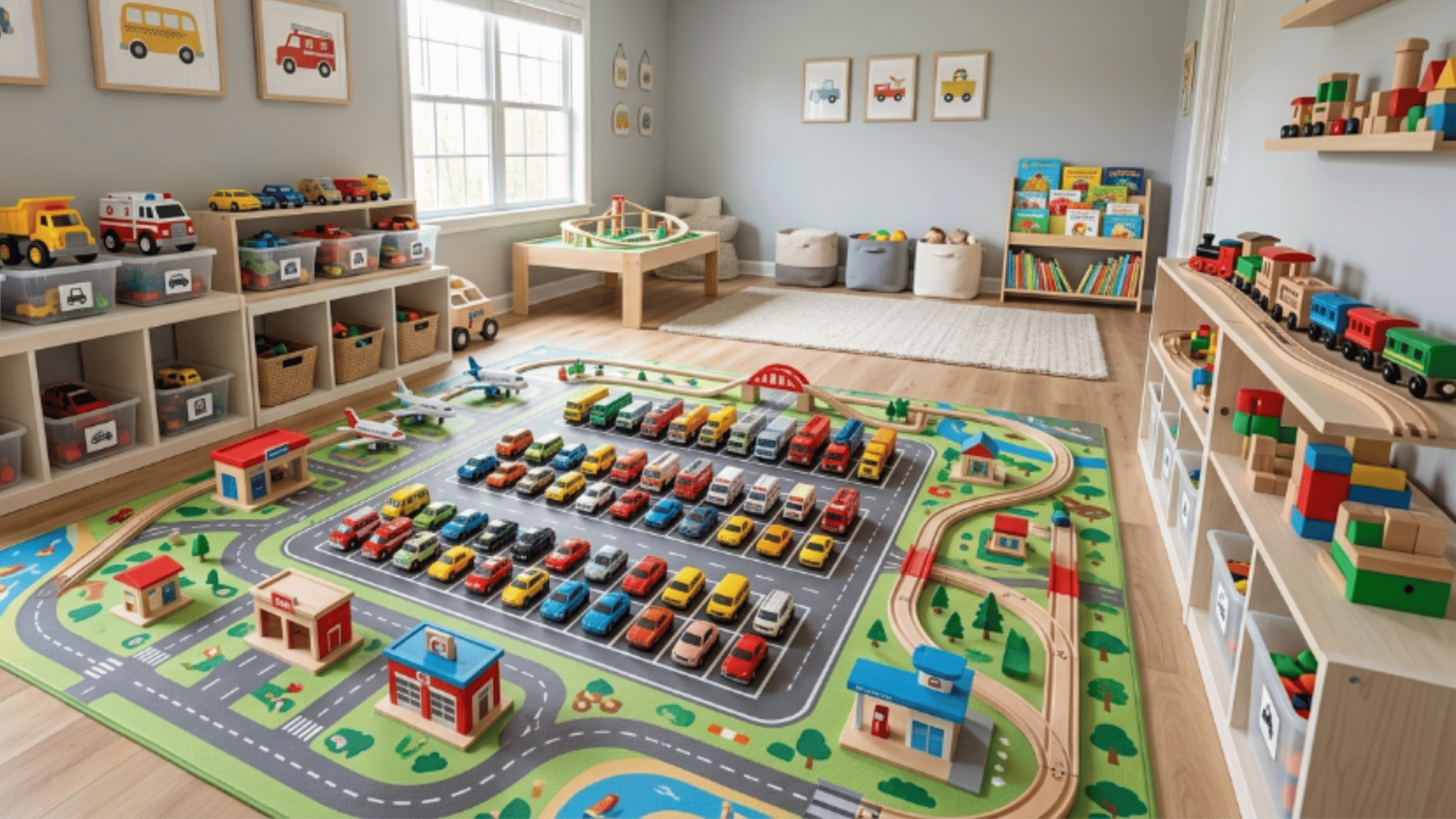 toddler playroom toy parking zone with car mat shelves and organized toys