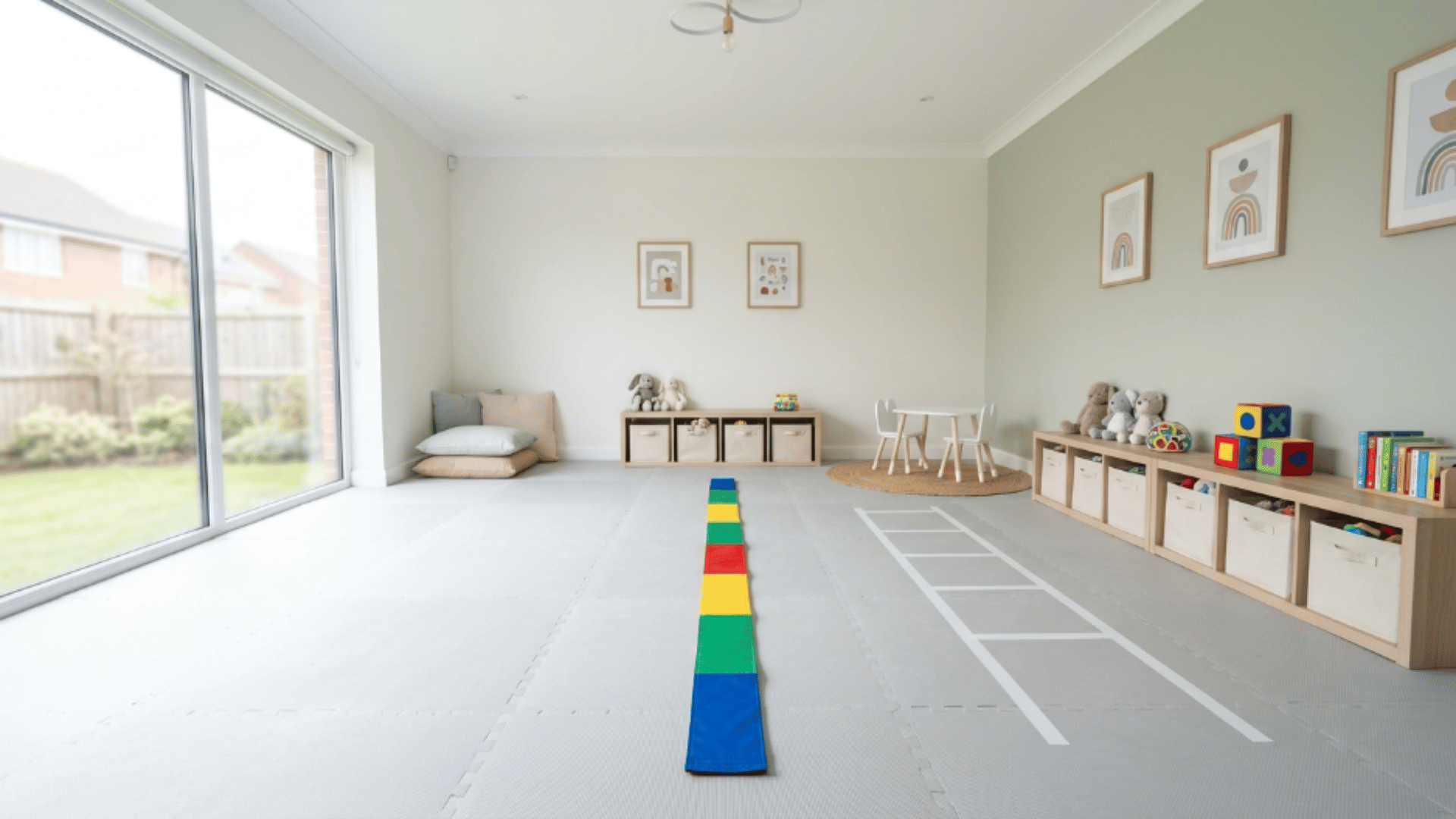 toddler playroom with balance beam strip on floor for walking practice open space