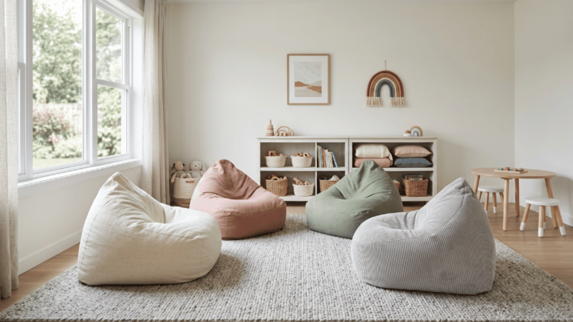 toddler playroom with bean bag chairs soft seating cozy area