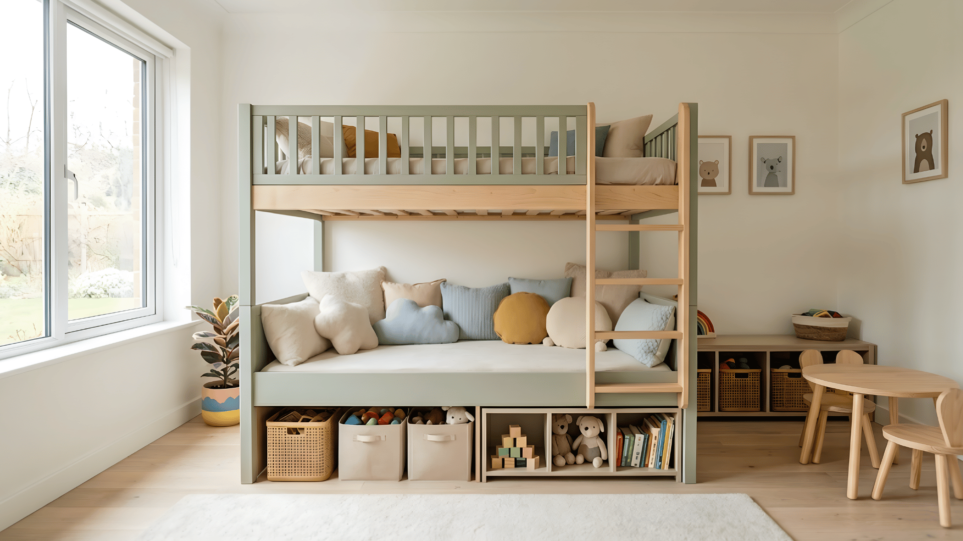 toddler playroom with bunk bed lower sections used as cozy play area