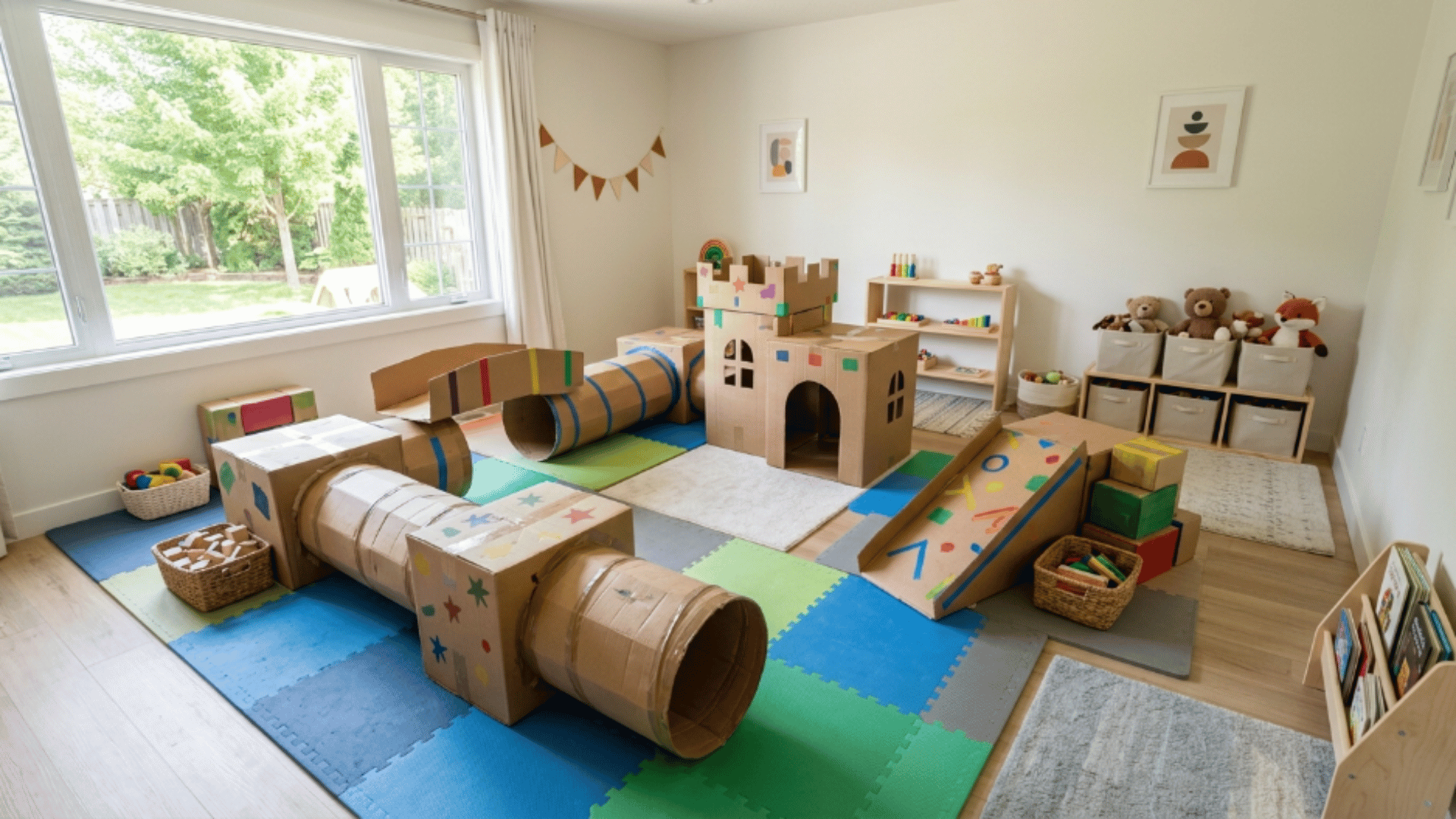 toddler playroom with cardboard play zone tunnels and simple structures cozy setup (1)