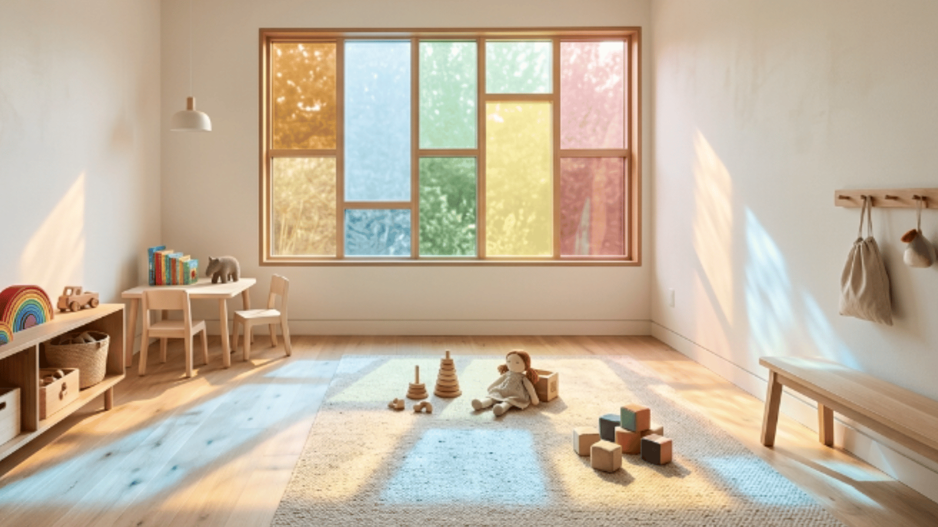 toddler playroom with color filter window panels creating soft light patterns on floor and walls