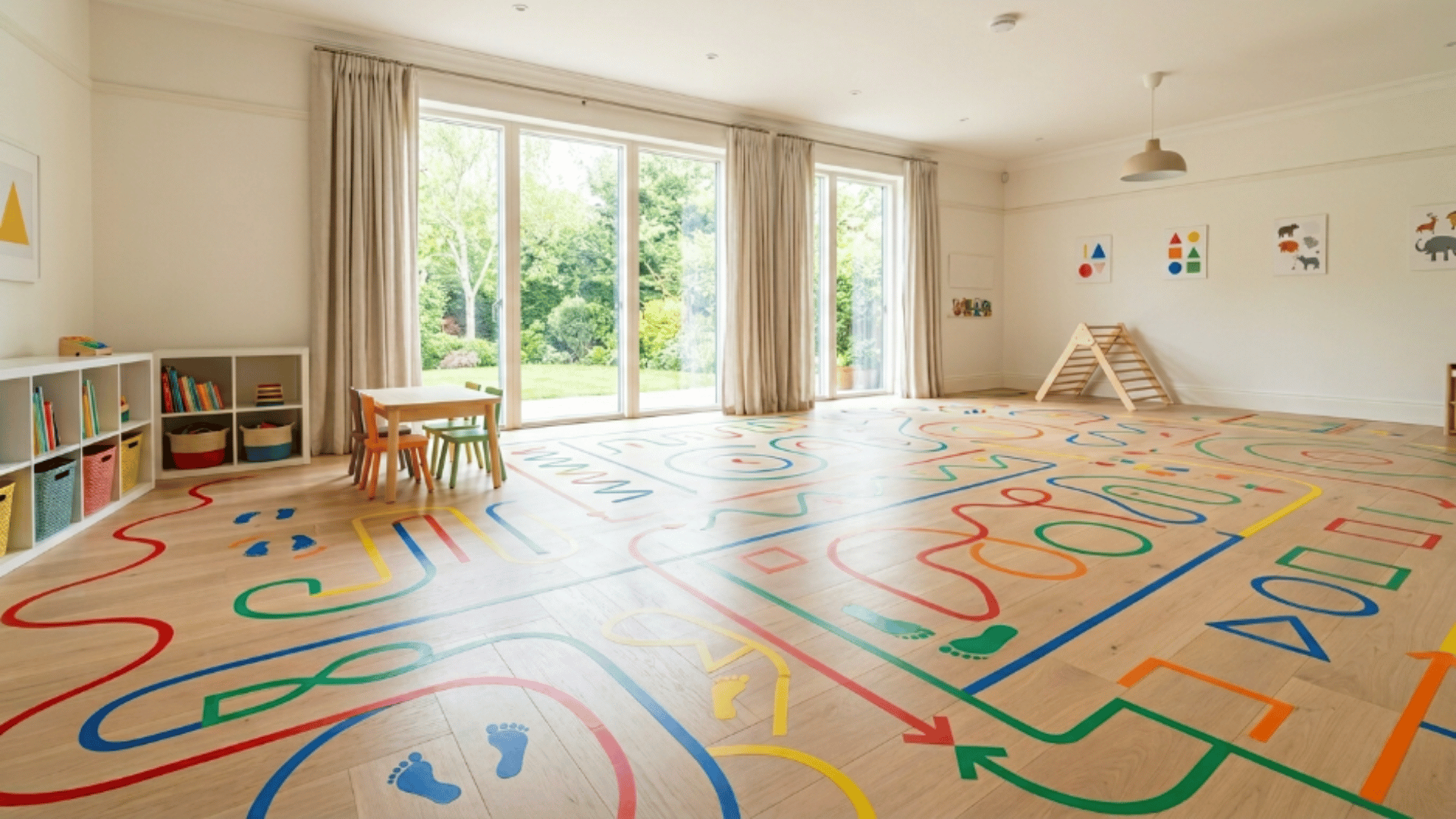 toddler playroom with floor tape paths shapes on floor open space for movement