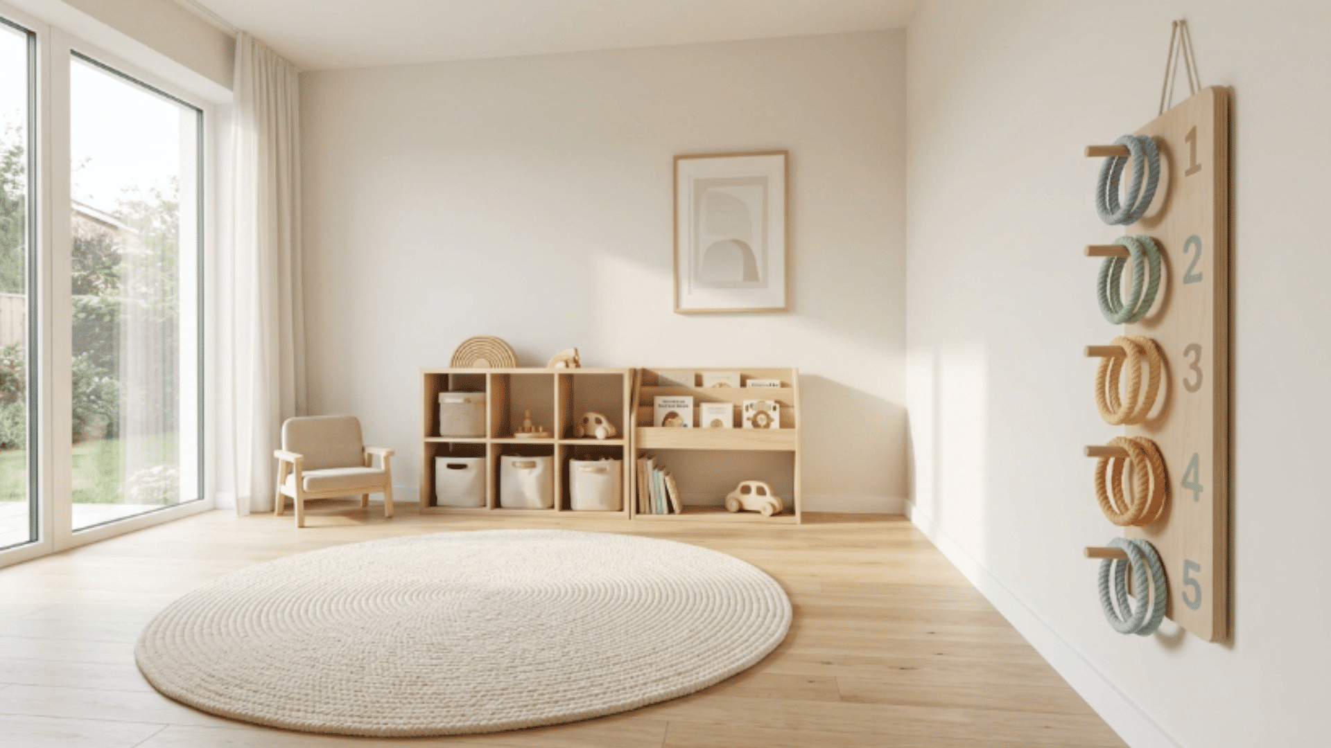 toddler playroom with hanging ring toss game wall setup open play space