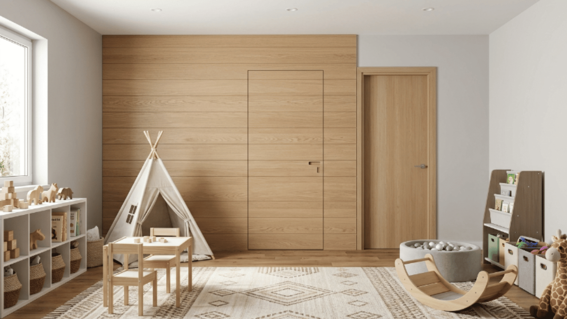 toddler playroom with hidden safety gate built into doorway design