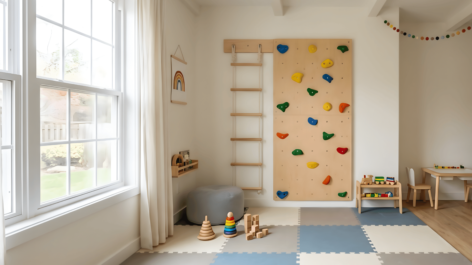 toddler playroom with indoor climbing wall soft mat flooring safe setup