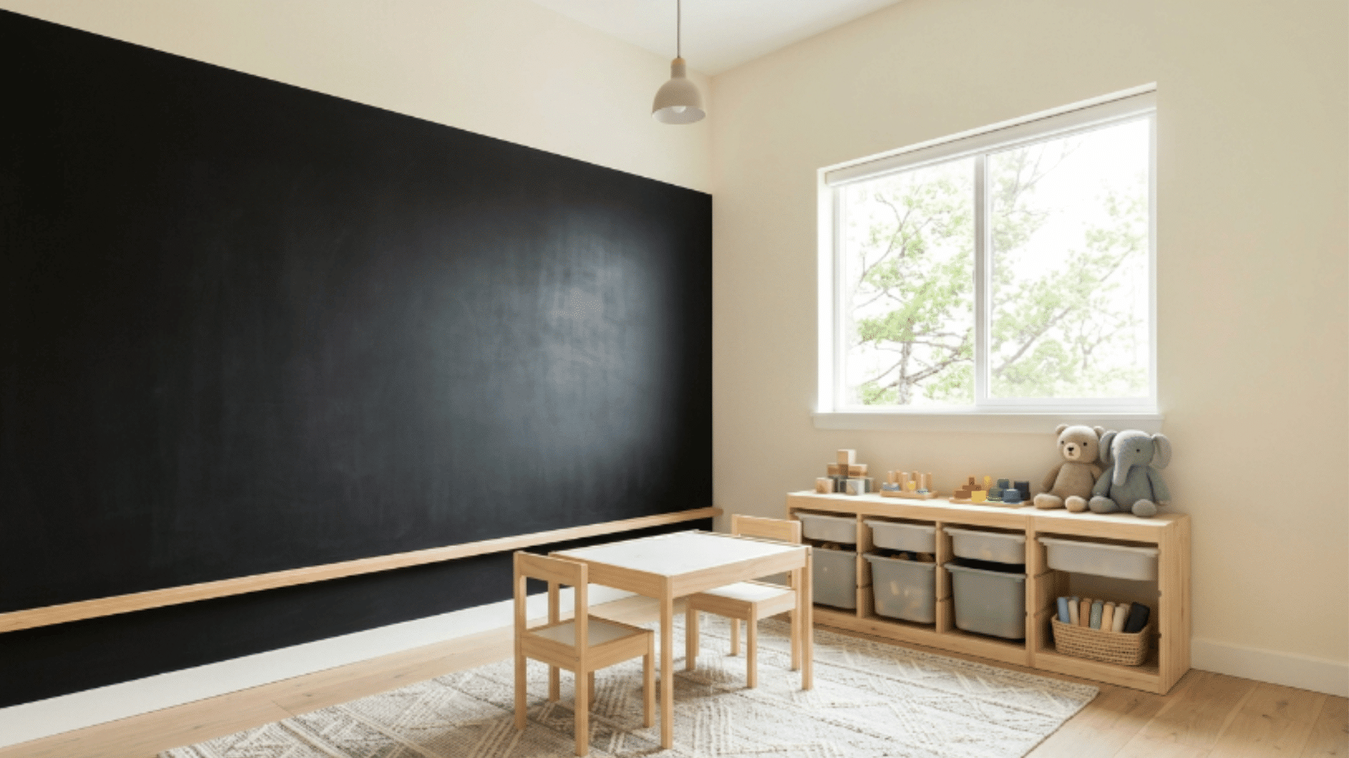 toddler playroom with large chalkboard wall drawing area simple setup