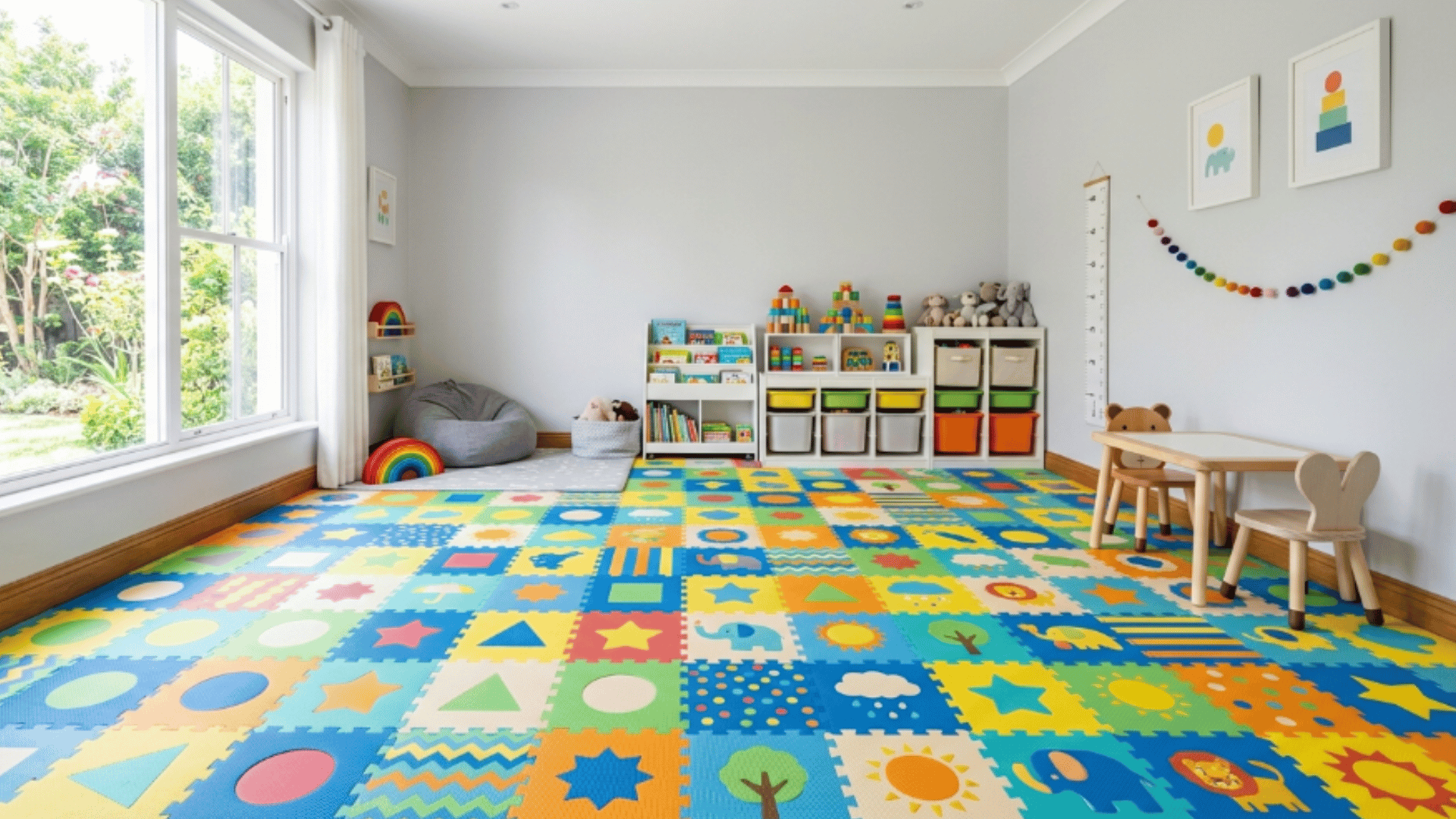 toddler playroom with pattern floor mats shapes designs soft play area