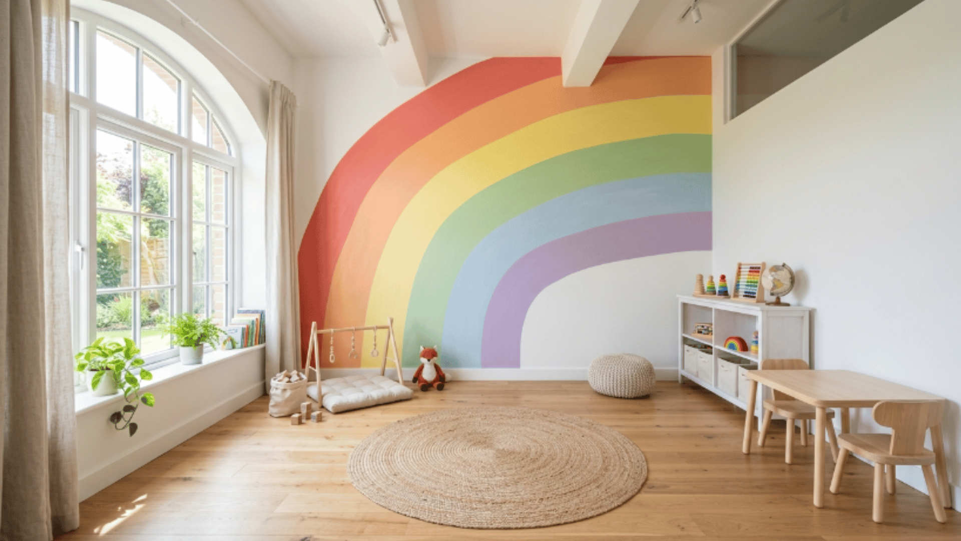 toddler playroom with rainbow accent wall colorful stripes clean layout