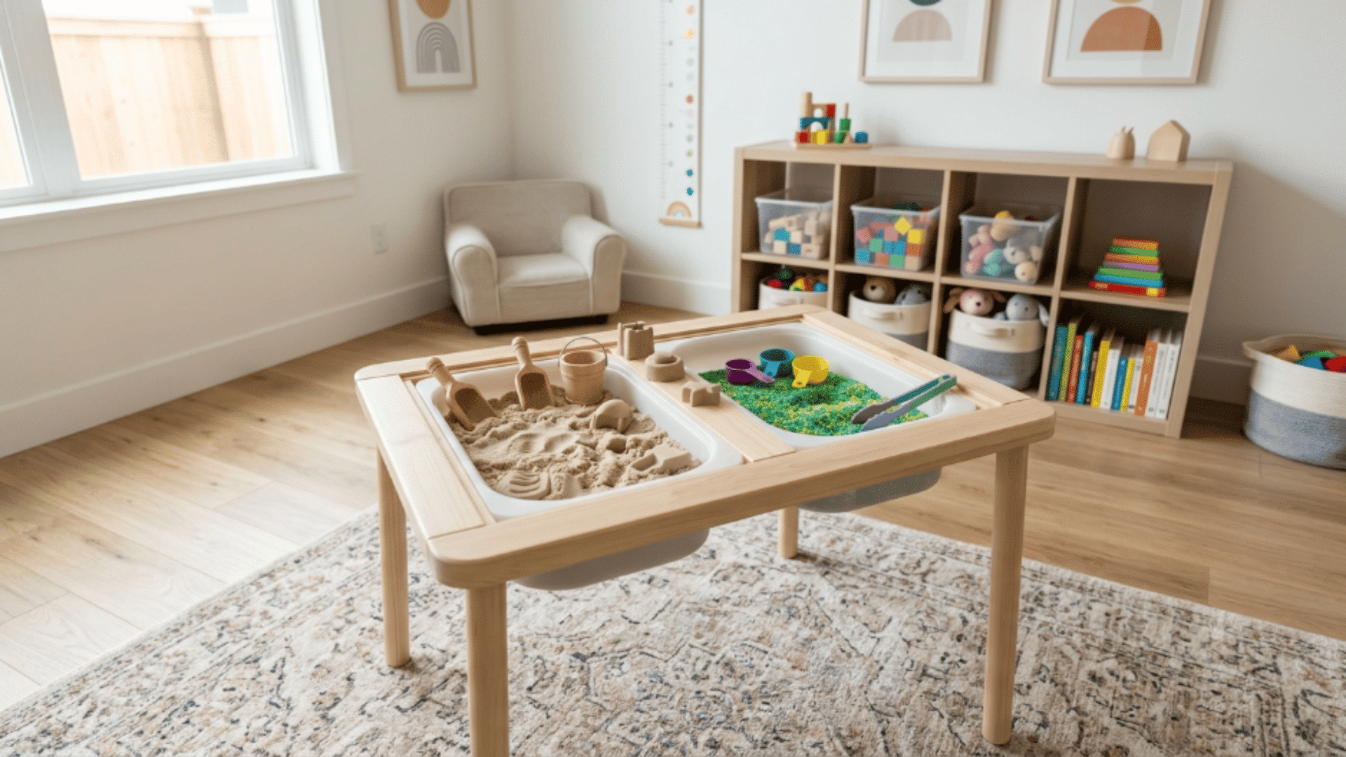 toddler playroom with sensory table filled with safe materials clean play area