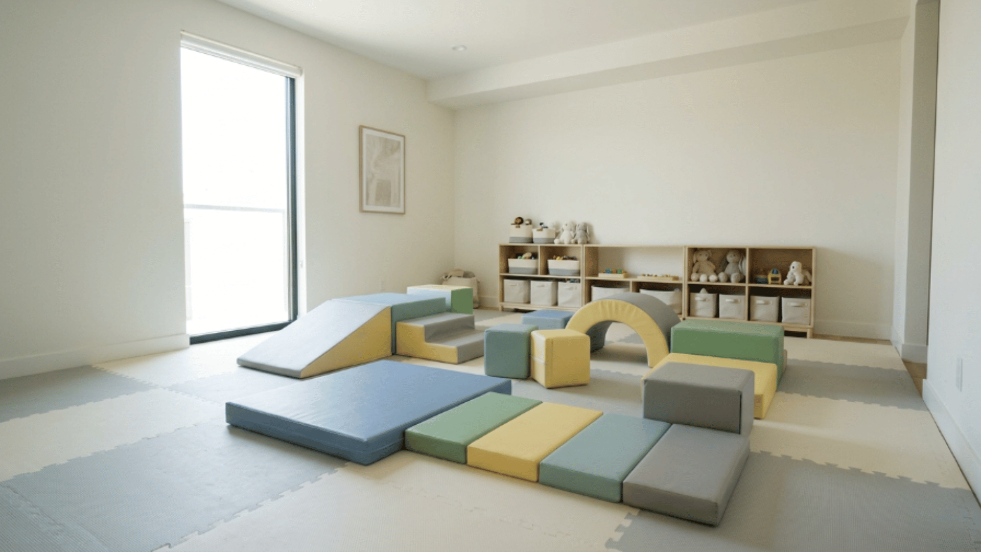 toddler playroom with soft foam blocks for climbing stacking and safe play