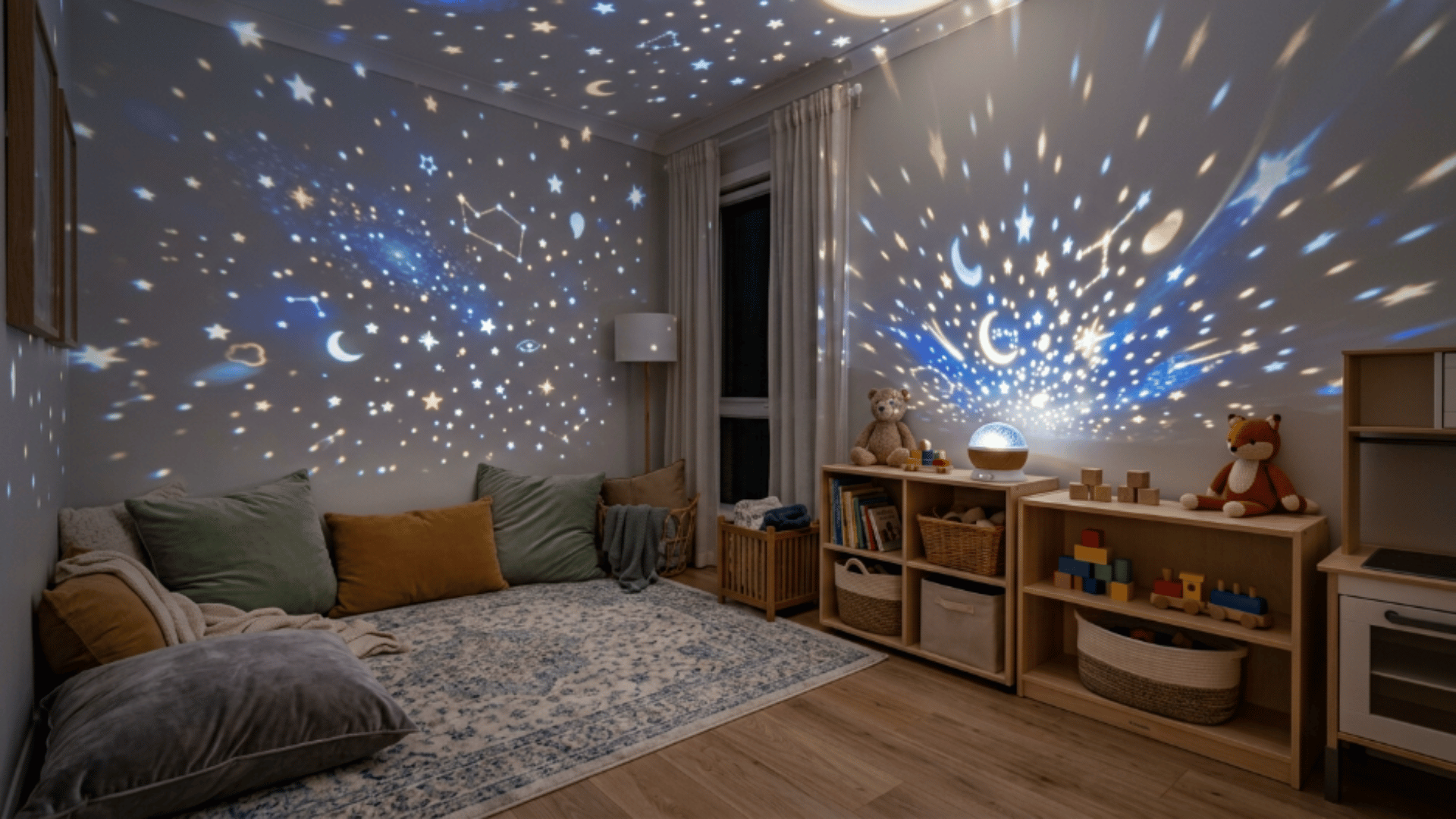 toddler playroom with soft light projection corner showing stars on walls cozy calm setup
