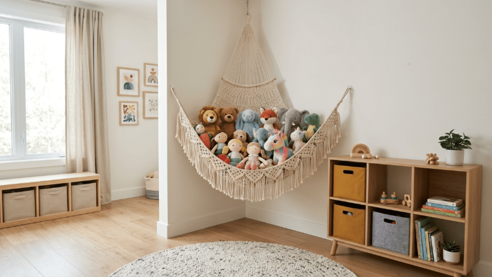 toddler playroom with stuffed toy hammock storing plush toys organized space