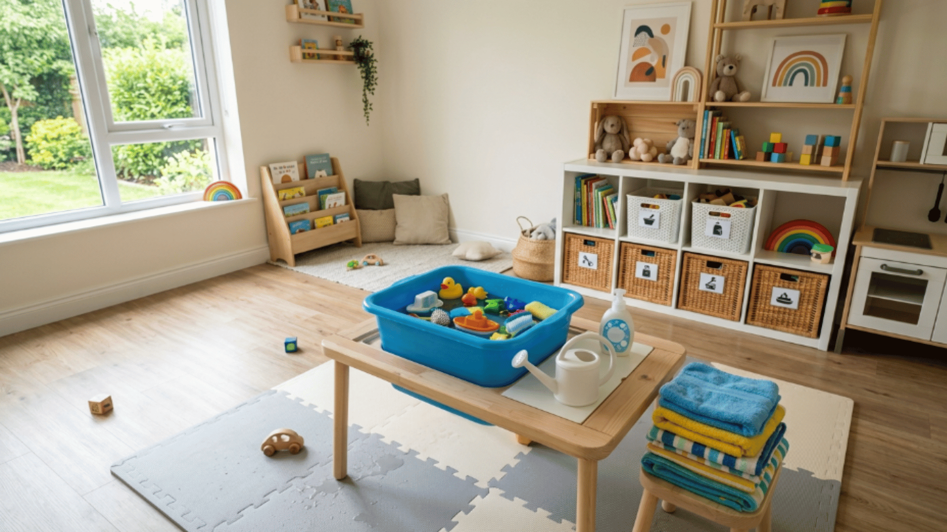 toddler playroom with toy washing station tub water toys and towels clean setup