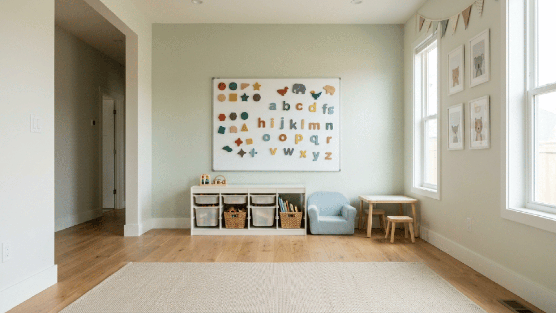 toddler playroom with wall mounted magnetic board with shapes and simple setup