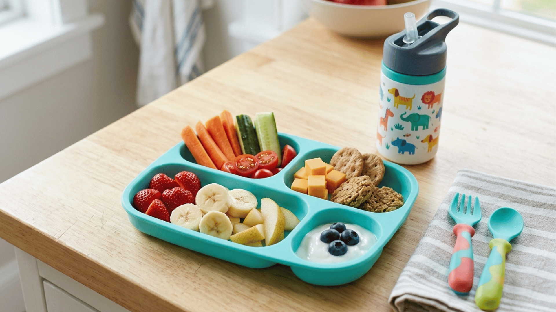 toddler snack plate with fruits, veggies, cheese, crackers, and yogurt with blueberries.