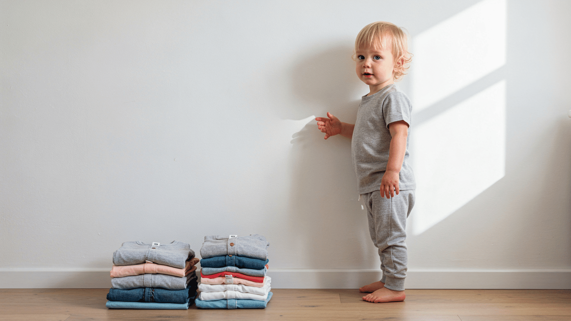 toddler standing barefoot by a white wall next to neatly folded stacks of baby clothes in different sizes.