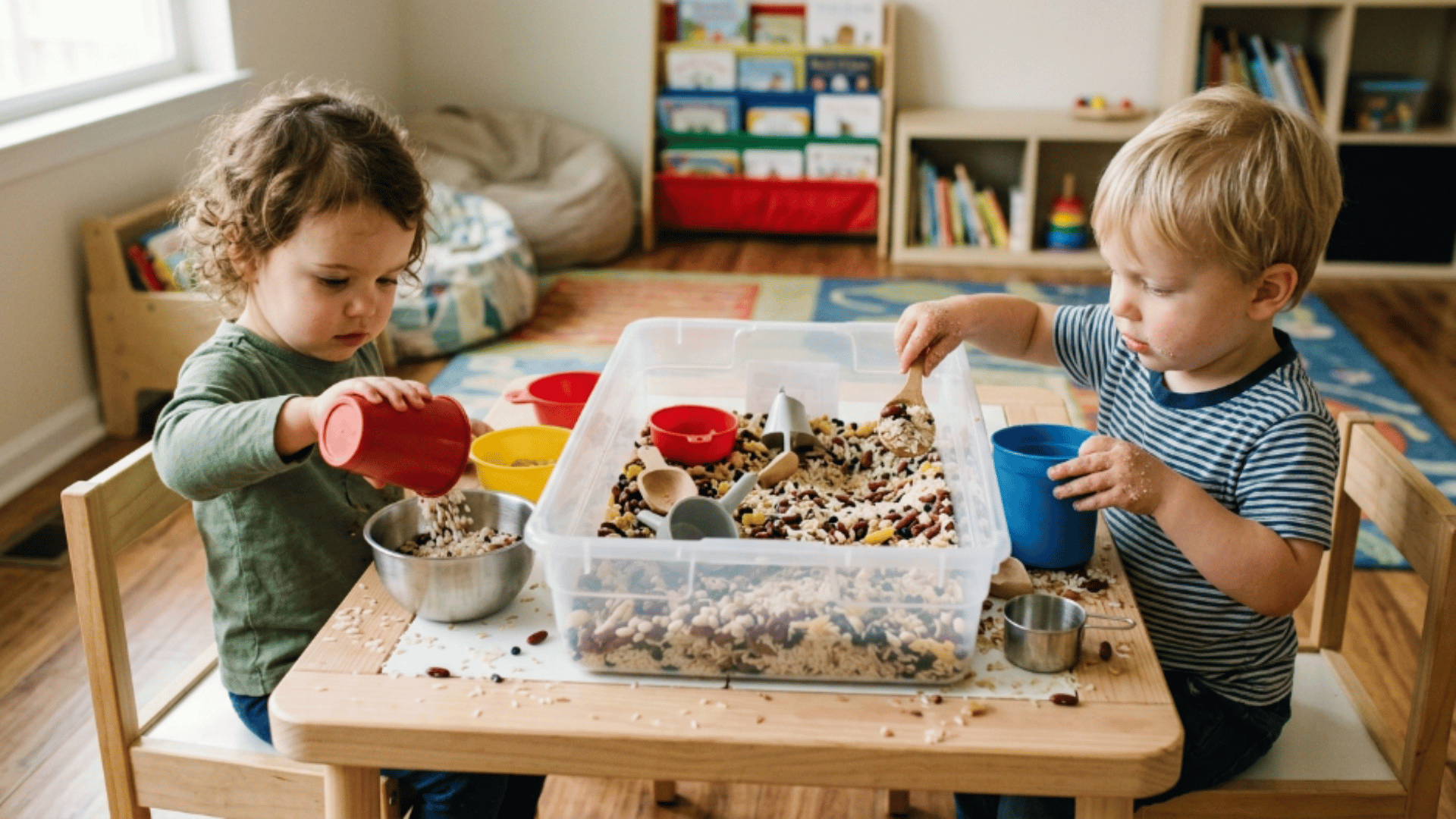 toddlers playing with sensory bin filled with colored rice using cups and scoops on table