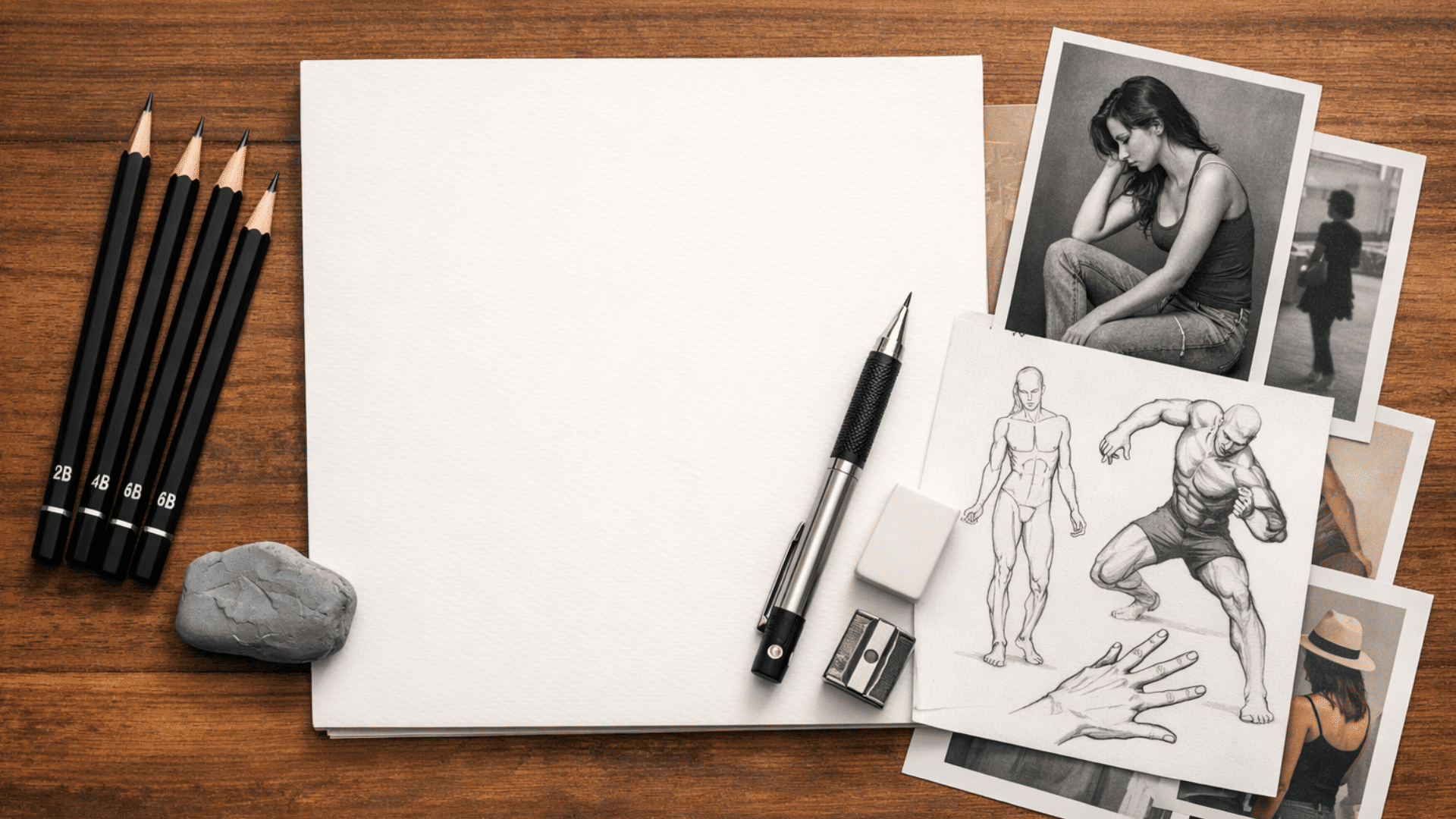 tools and materials for sketching, including pencils, eraser, and reference images