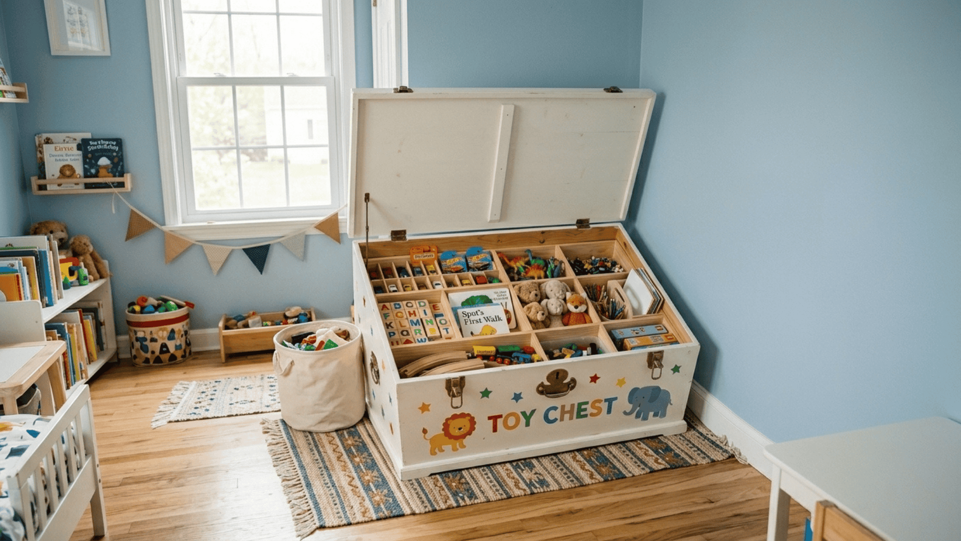 toy chest with internal compartments keeping toys sorted and easy to access in a small playroom
