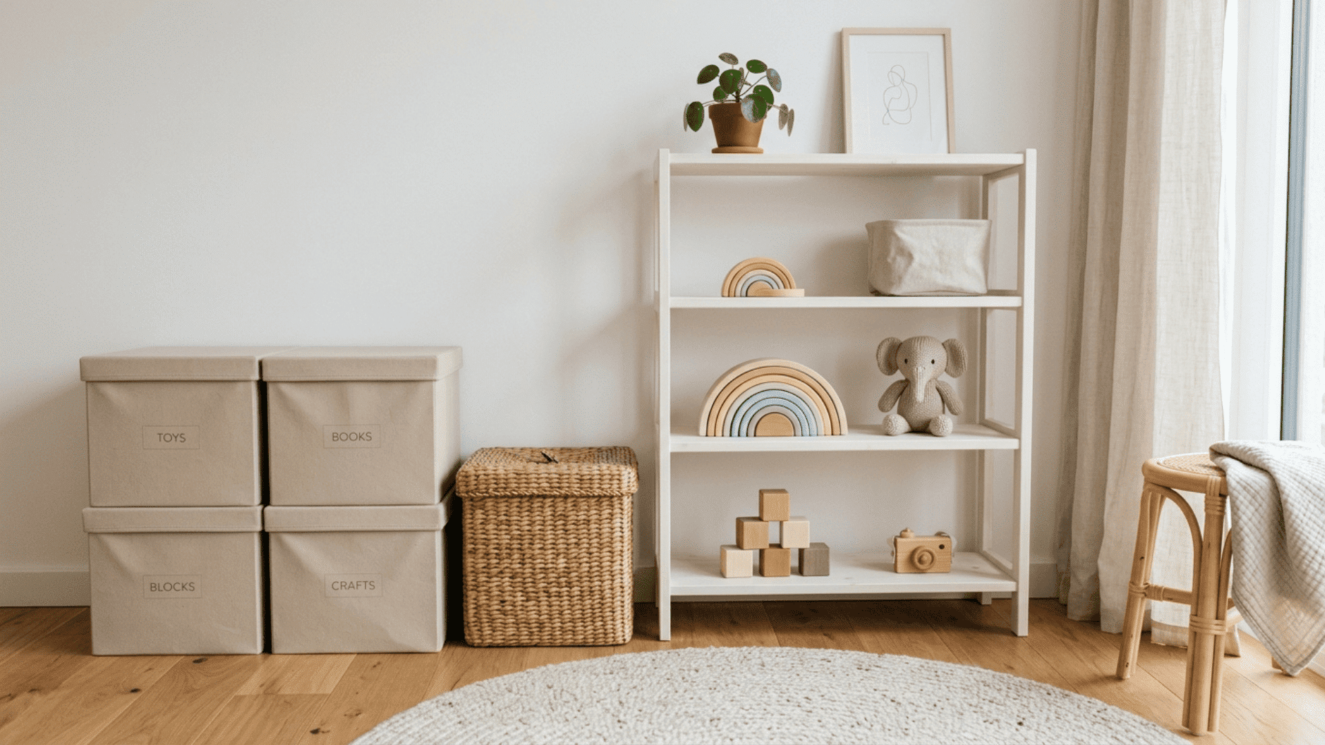 toy rotation setup with limited toys displayed and others stored away to reduce clutter in a small playroom
