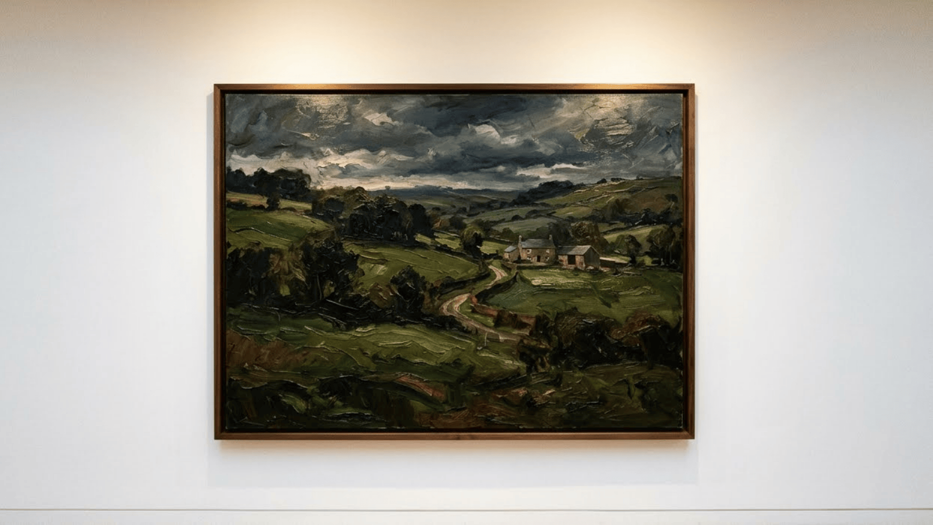 traditional oil paint countryside landscape canvas with rich deep greens thick brushstrokes and moody tones on white background