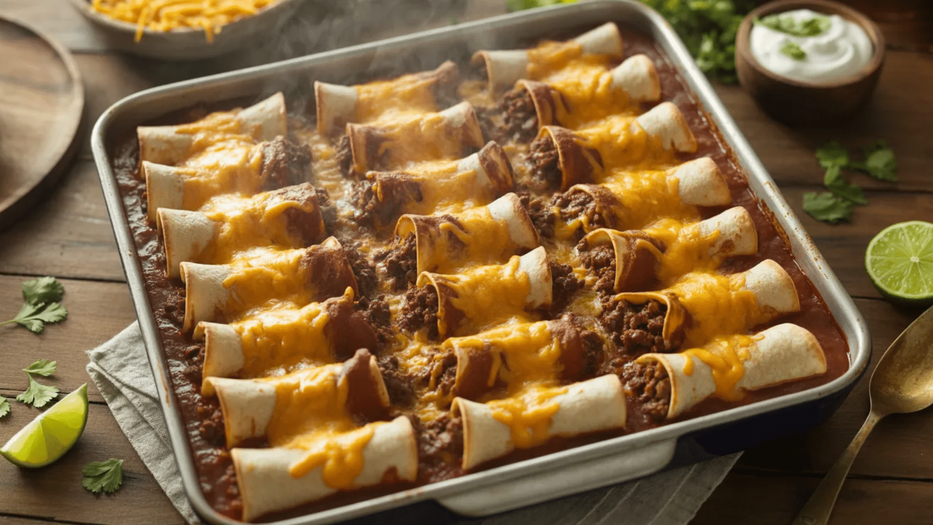 tray of baked enchiladas filled with beef and topped with melted cheese and sauce served hot with lime and herbs on the side