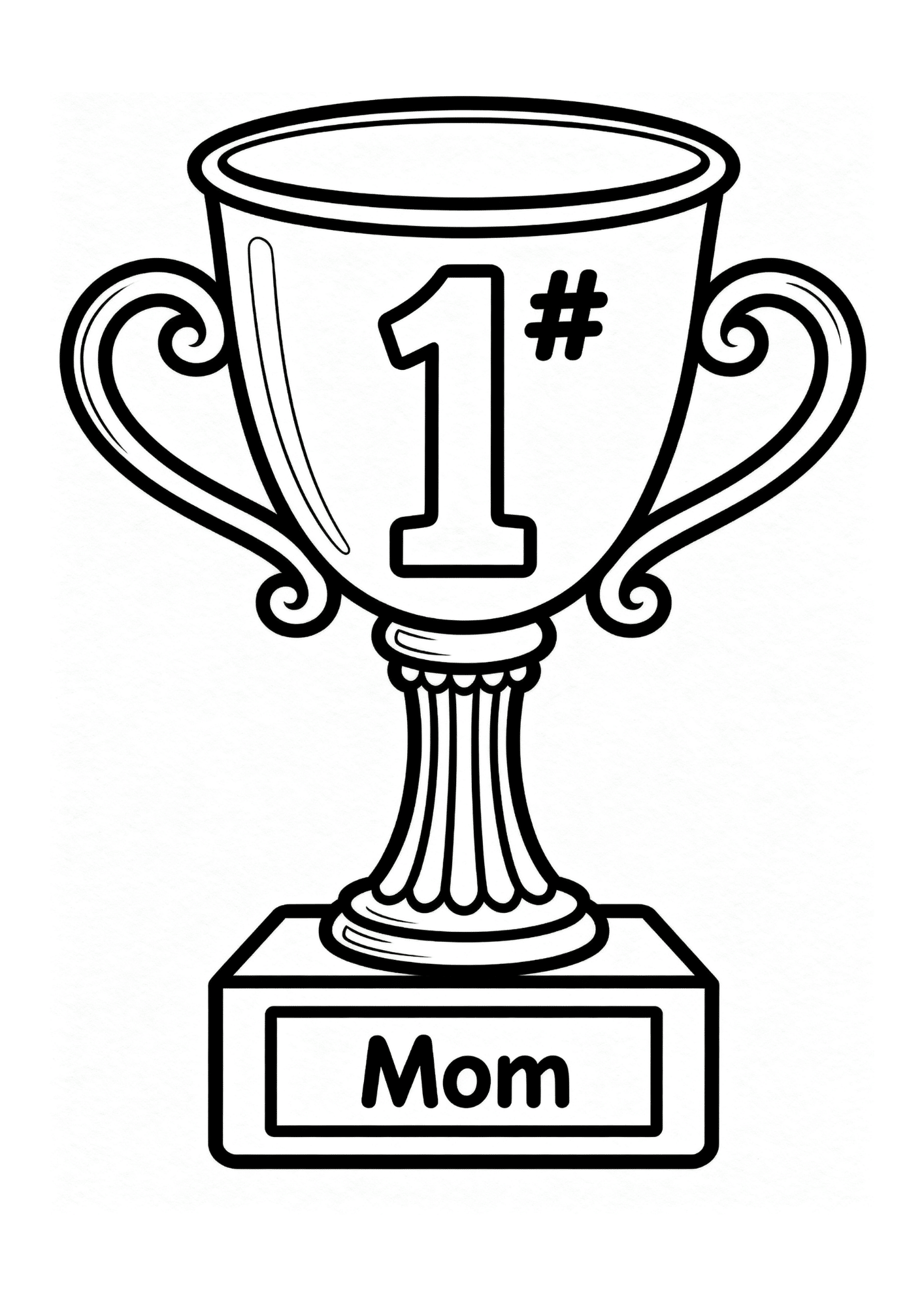 trophy cup with number one and label mom on base, simple outline illustration symbolizing best mother award