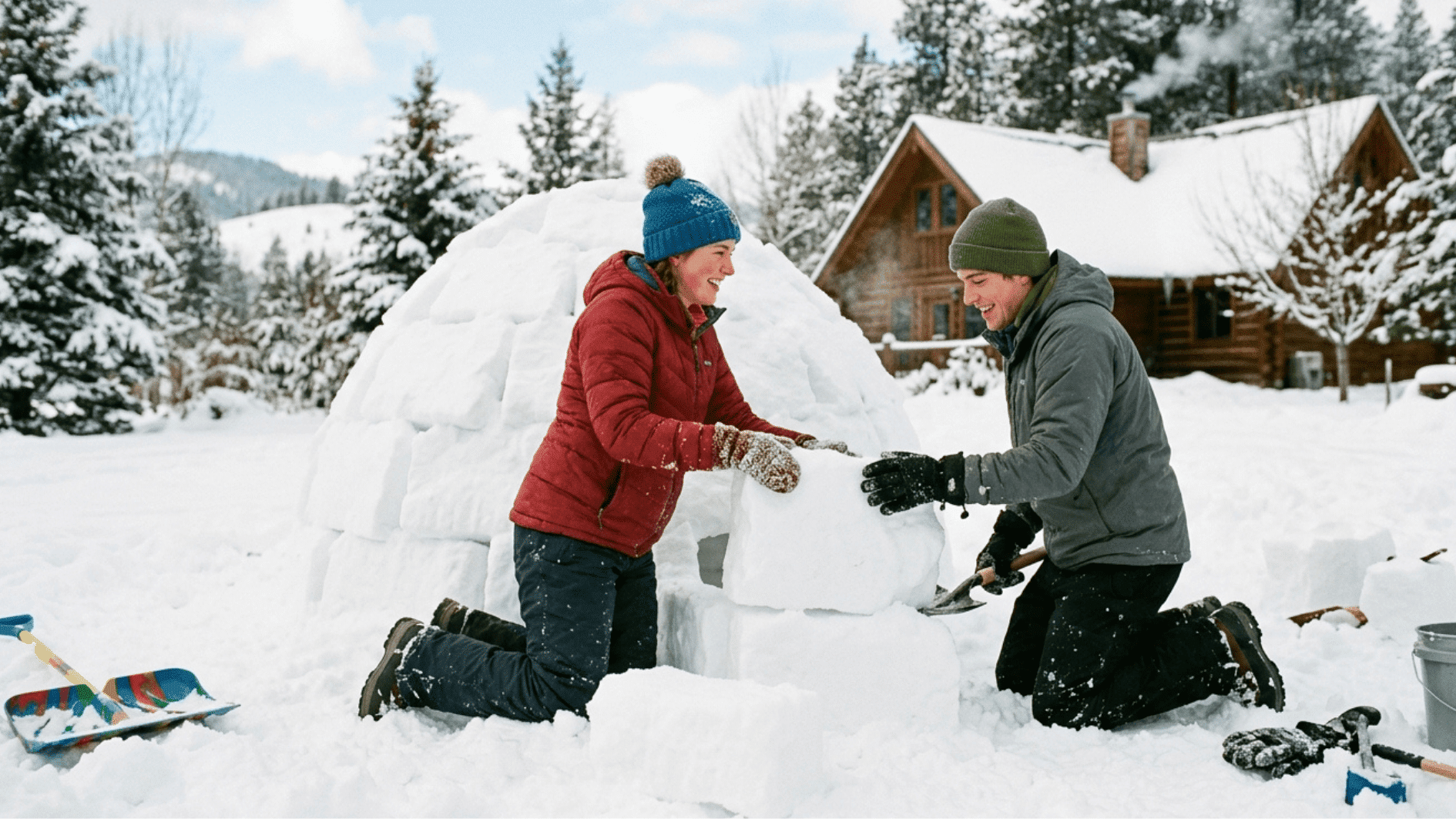 two adults building a large snow fort in an open, snowy field, wearing thick winter clothing, laughing and packing snow into walls (1)