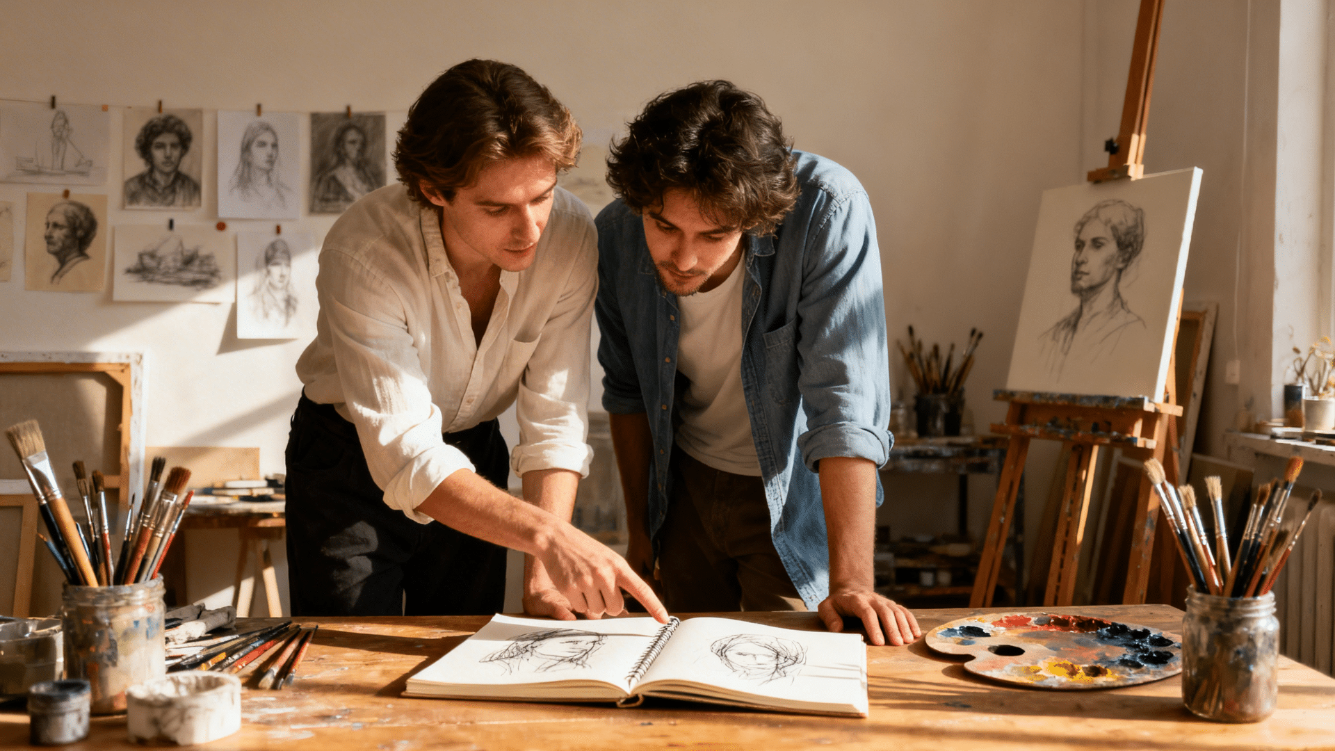two artists reviewing a drawing together in a studio, pointing at a sketchbook and discussing ways to improve the artwork