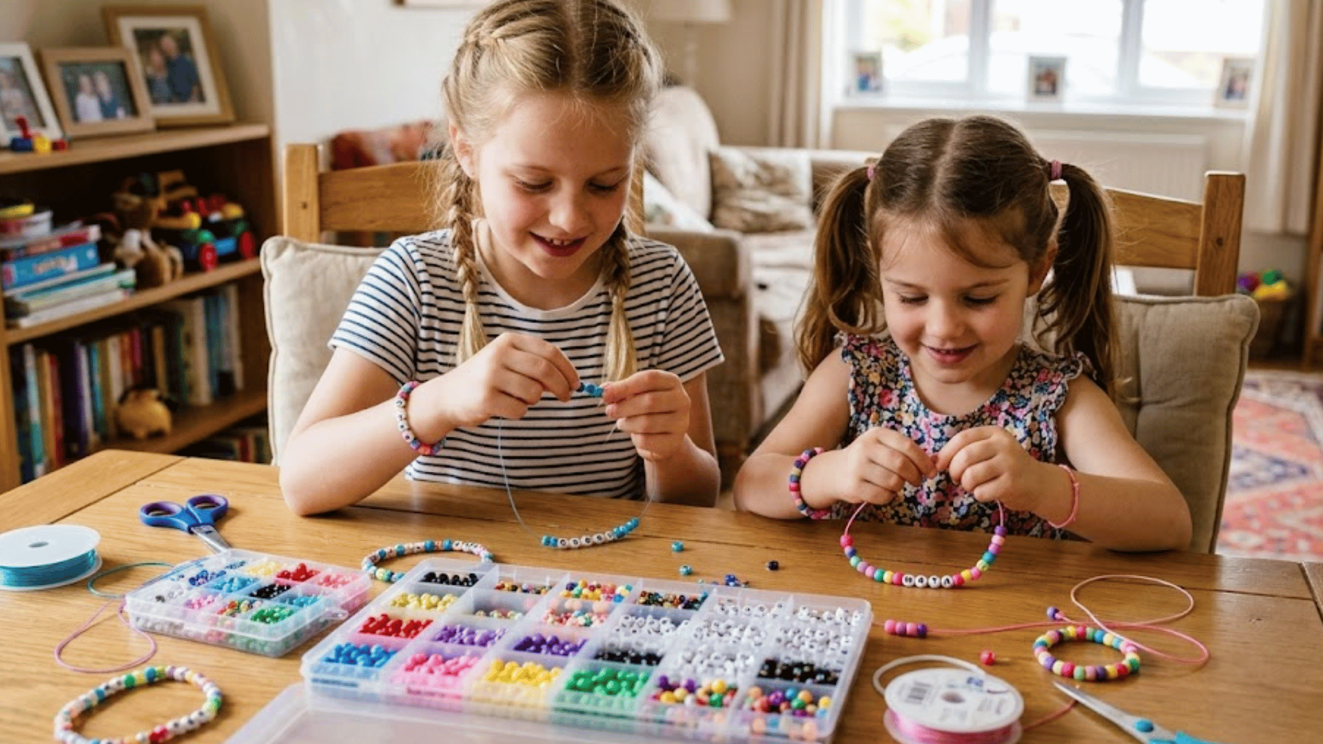 two girls siting at a wooden table, stringing beads to make bracelets for each other
