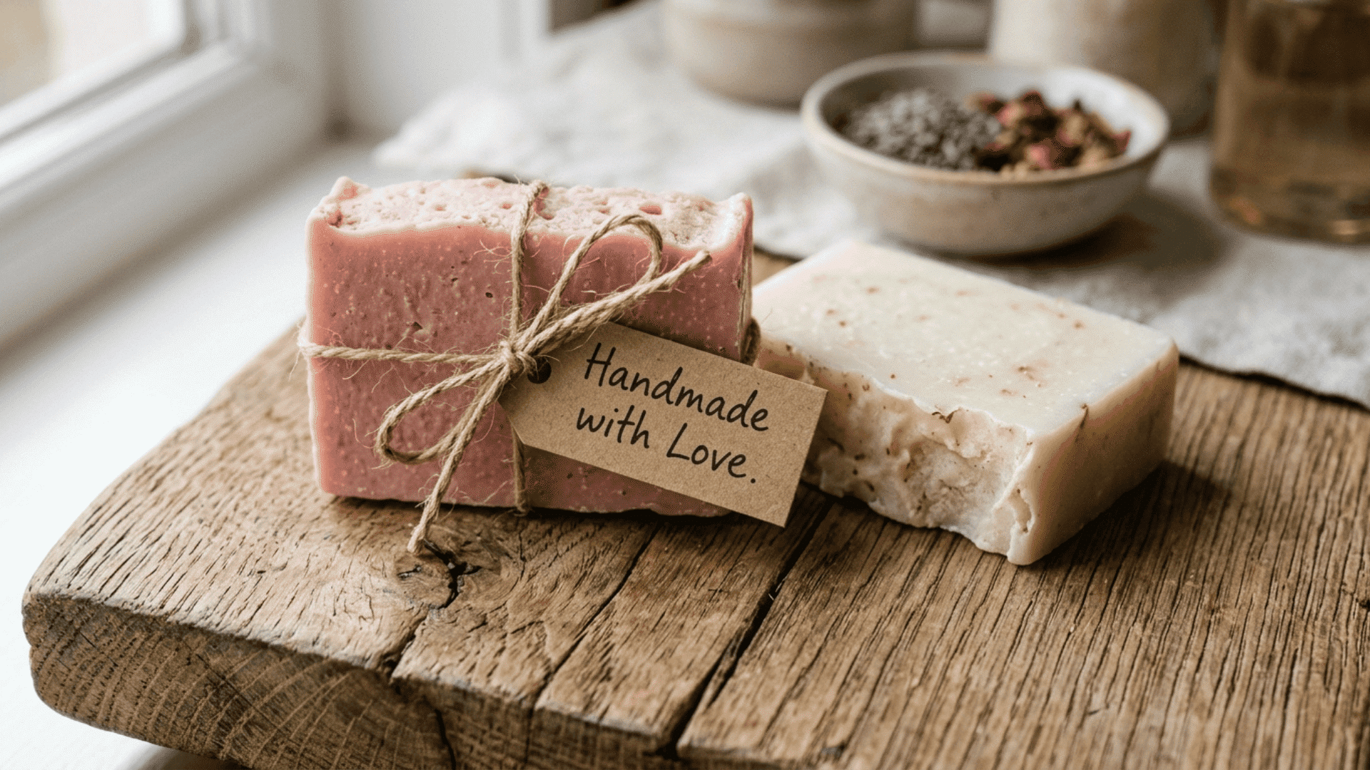 two handmade soap bars in pink and white with a ribbon and handmade with love label as a diy gift for mom