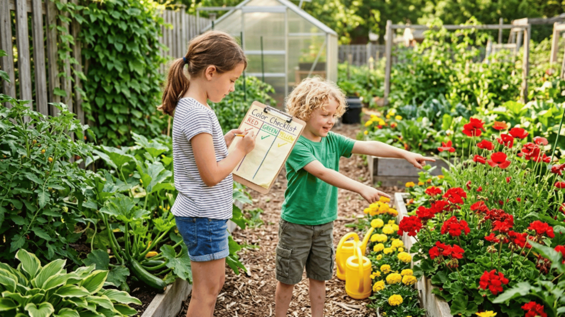 two kids using a color checklist during a nature walk scavenger hunt in a garden filled with red and yellow flowers