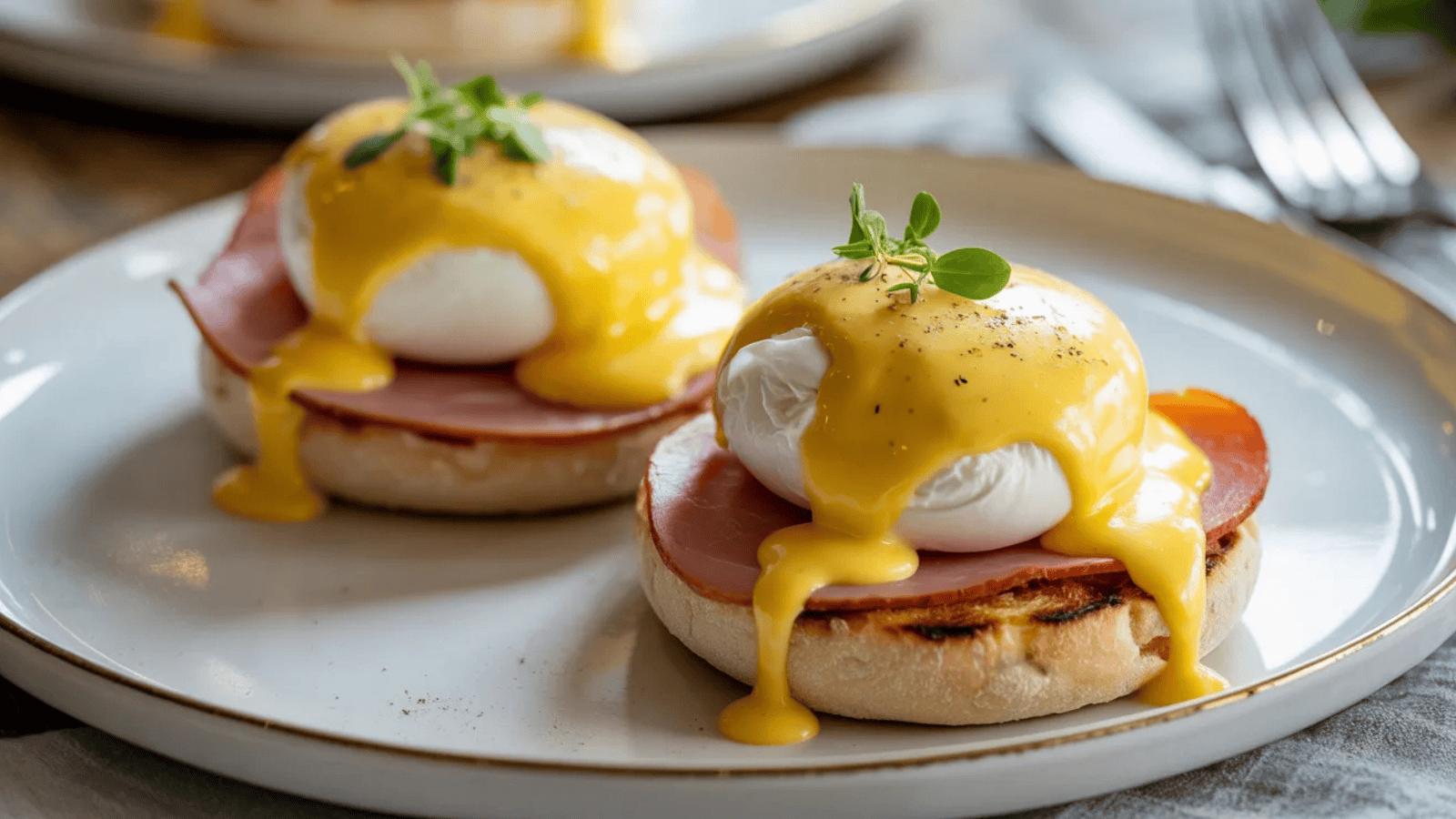 two perfectly assembled eggs Benedict on a white plate — toasted English muffins topped with ham, poached eggs with yolk