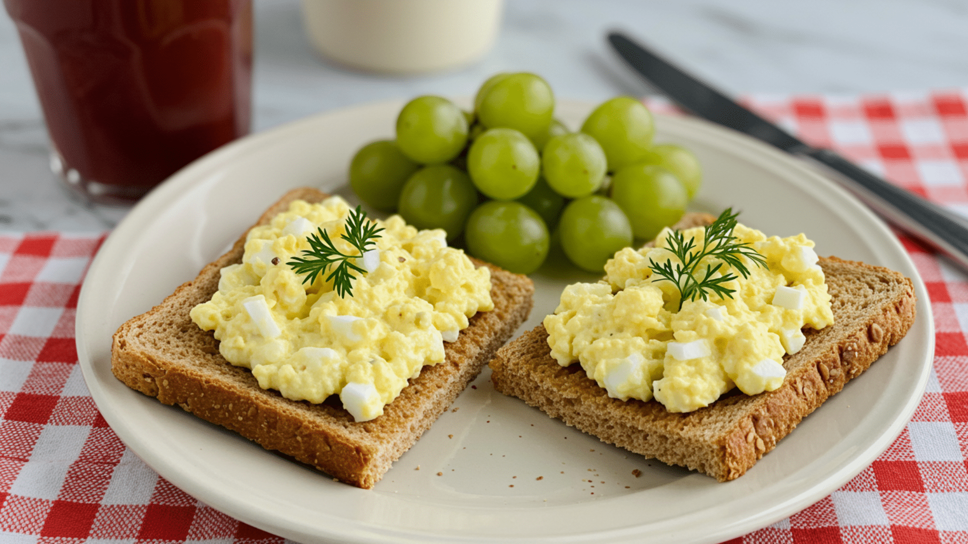 two slices of toast topped with creamy egg salad and herbs, served with green grapes on a plate over a red checkered cloth