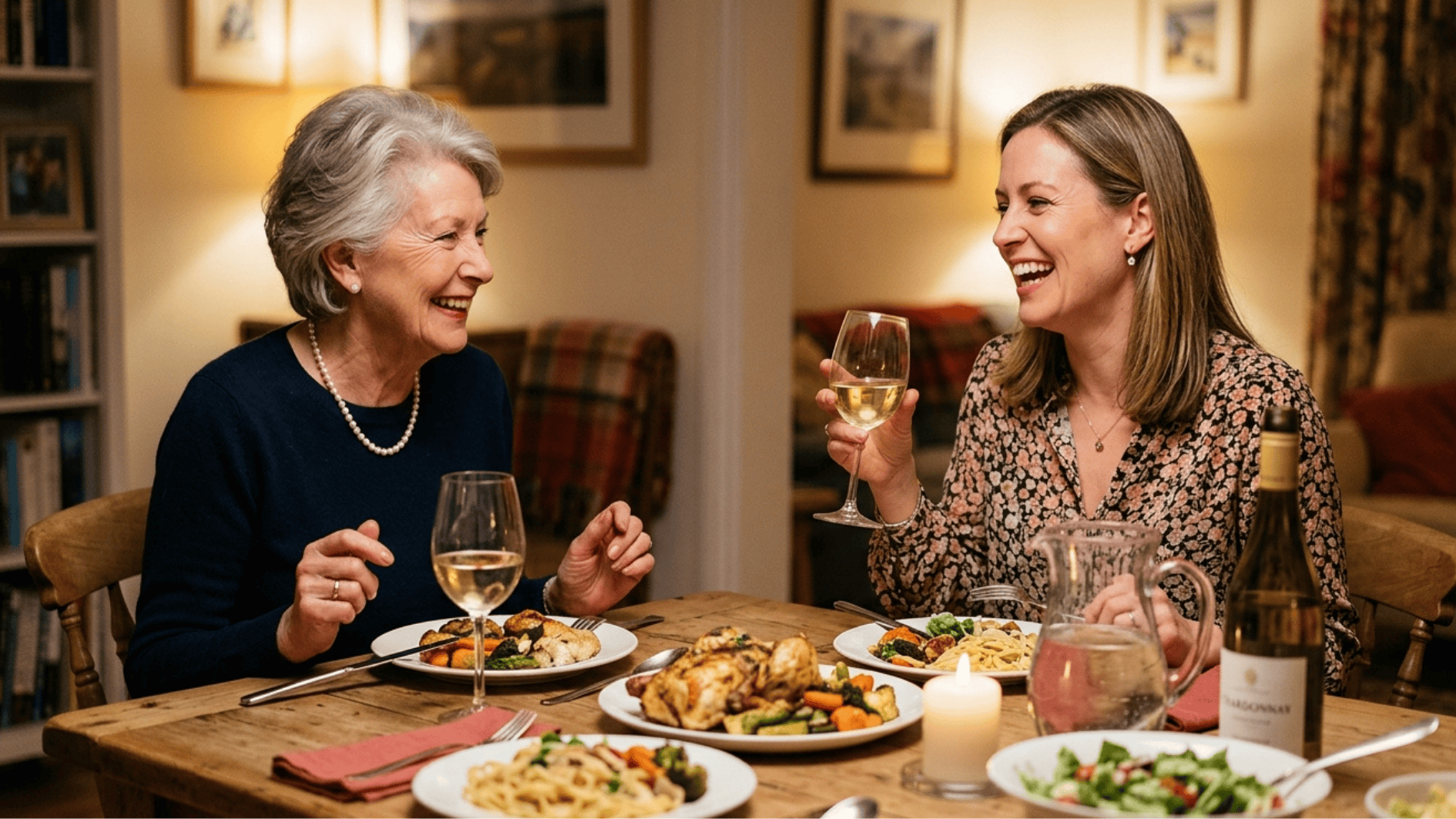 two women enjoying dinner together with wine and homemade meal, sharing laughter and connection in a warm home setting