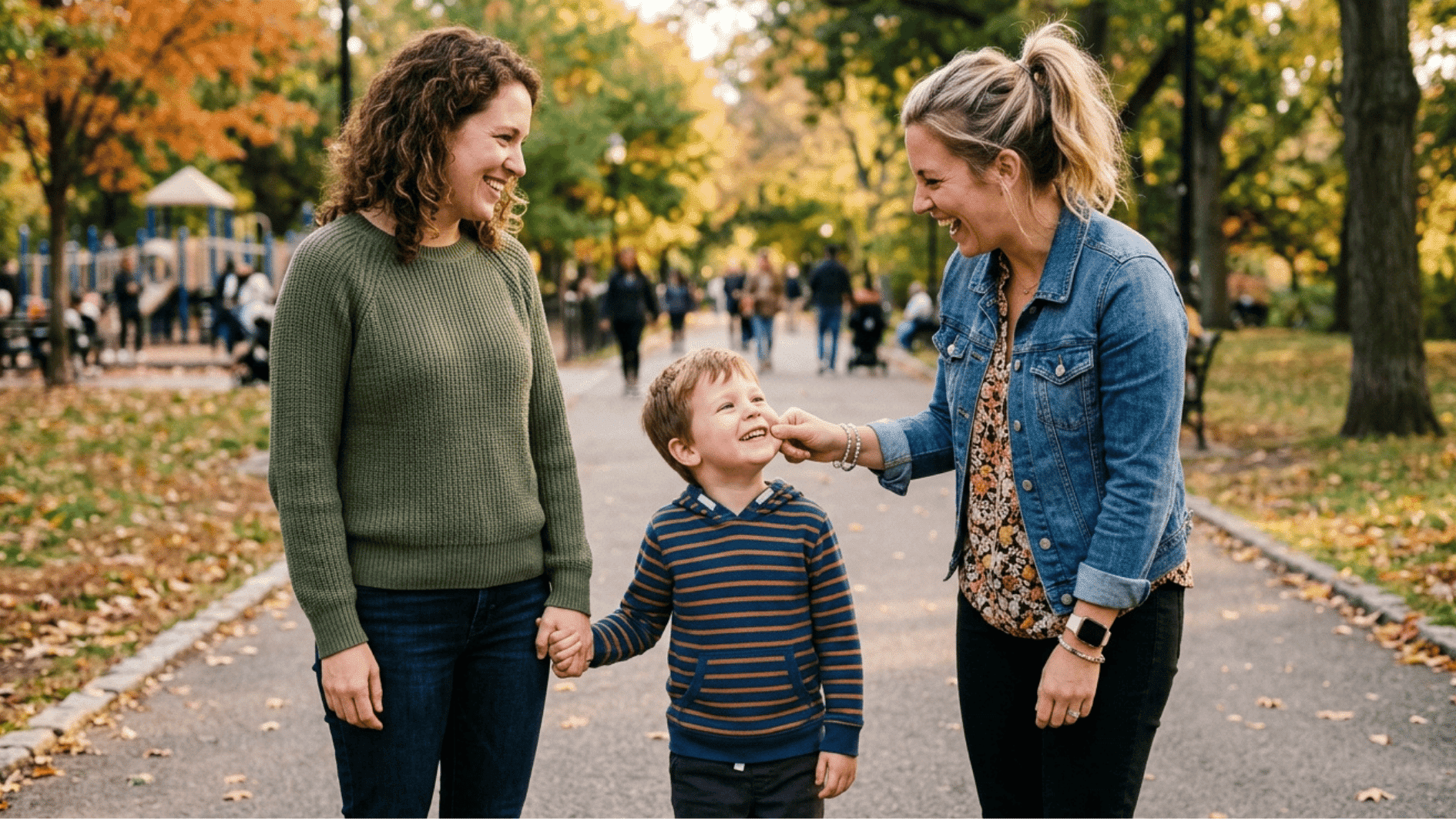 two women walking with a young boy in a park during autumn, sharing smiles and a happy family moment surrounded by nature