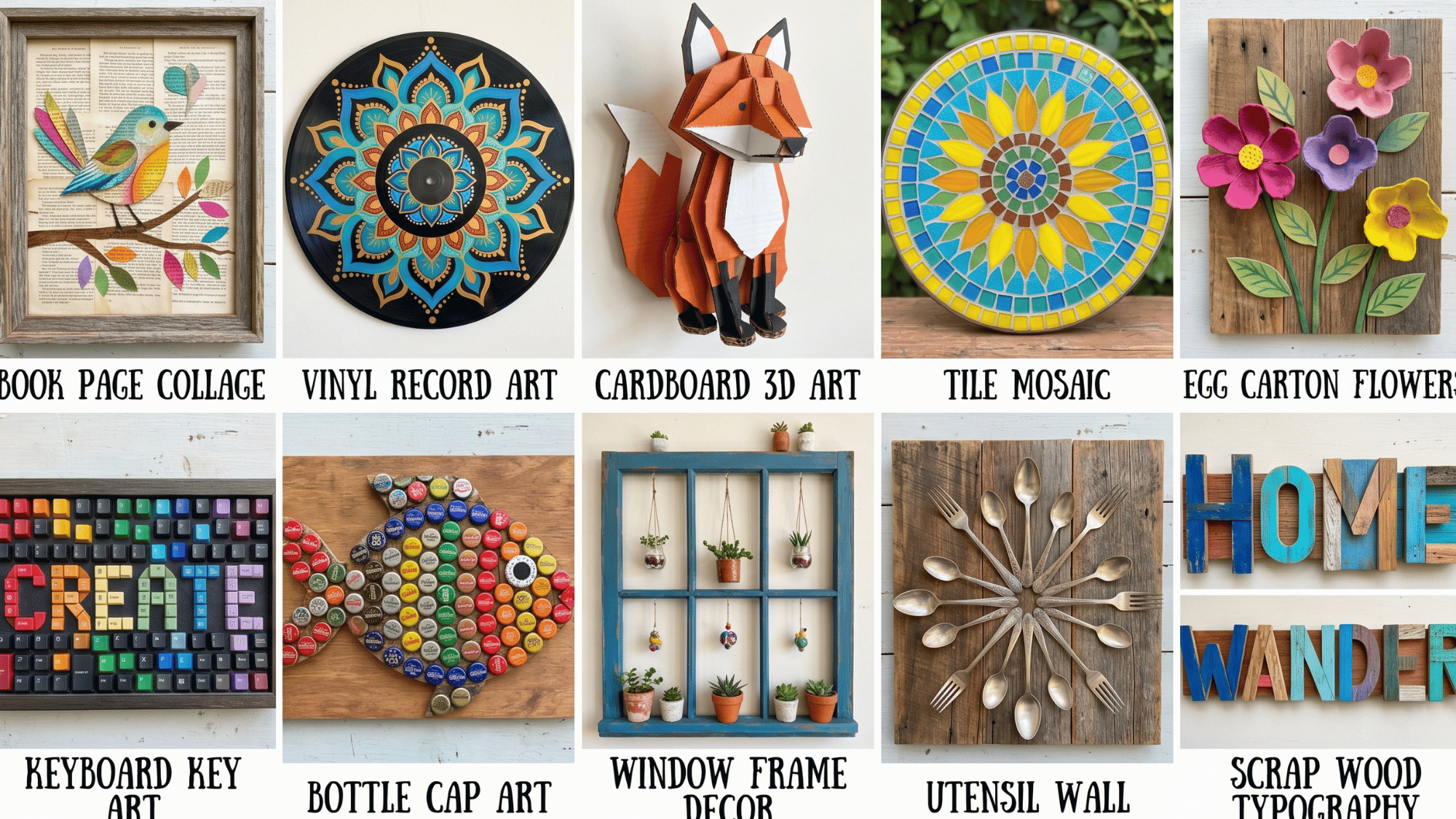 upcycled diy wall decor grid collage with recycled materials like records, book pages and creative wall ideas