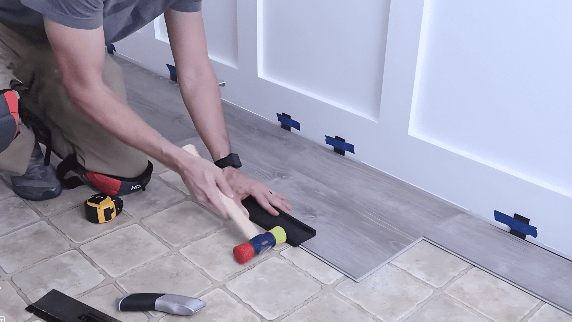 using tapping block to lock vinyl planks together during floor installation.