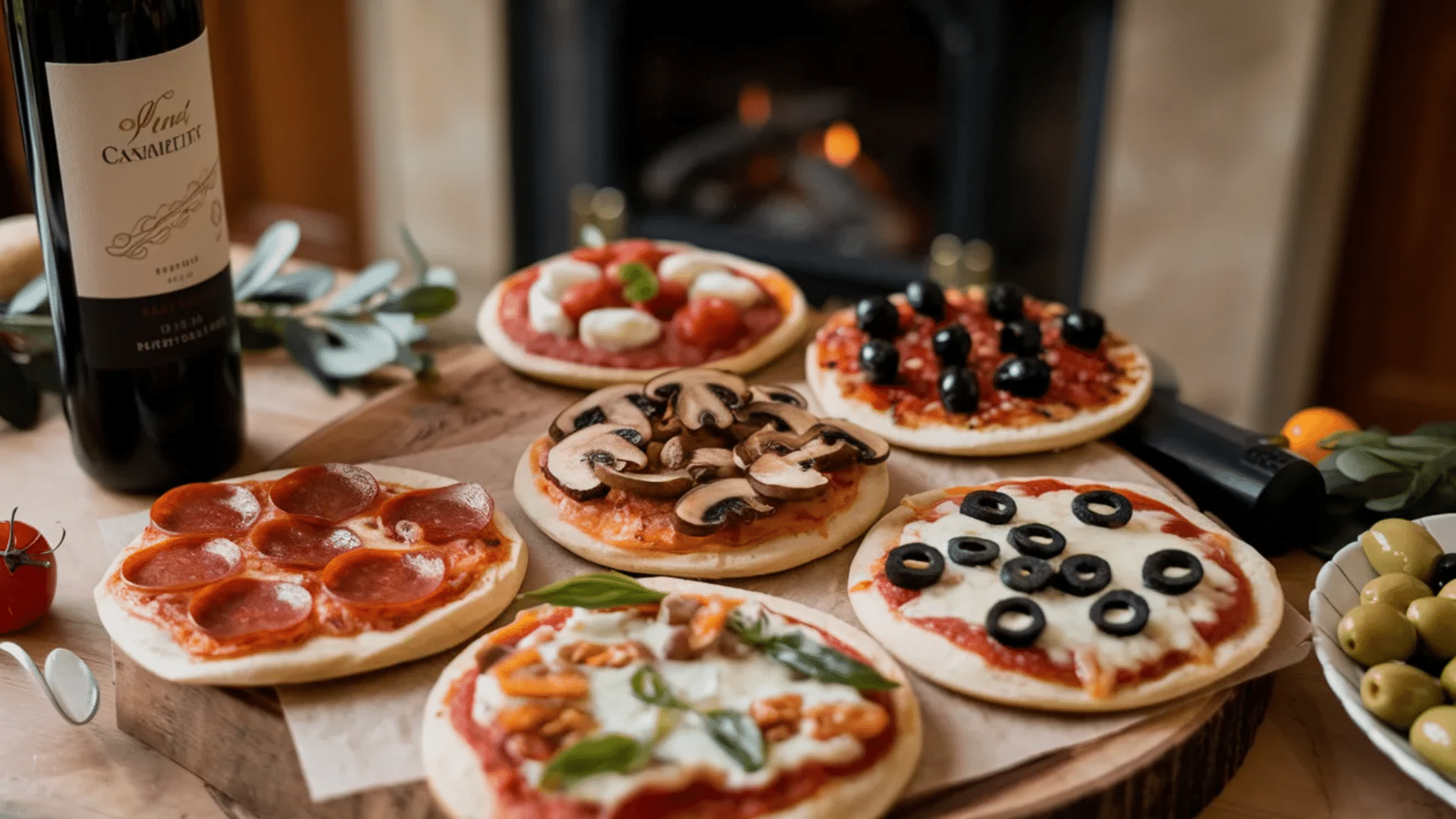 variety of pizzas with different toppings displayed on a table with drinks nearby